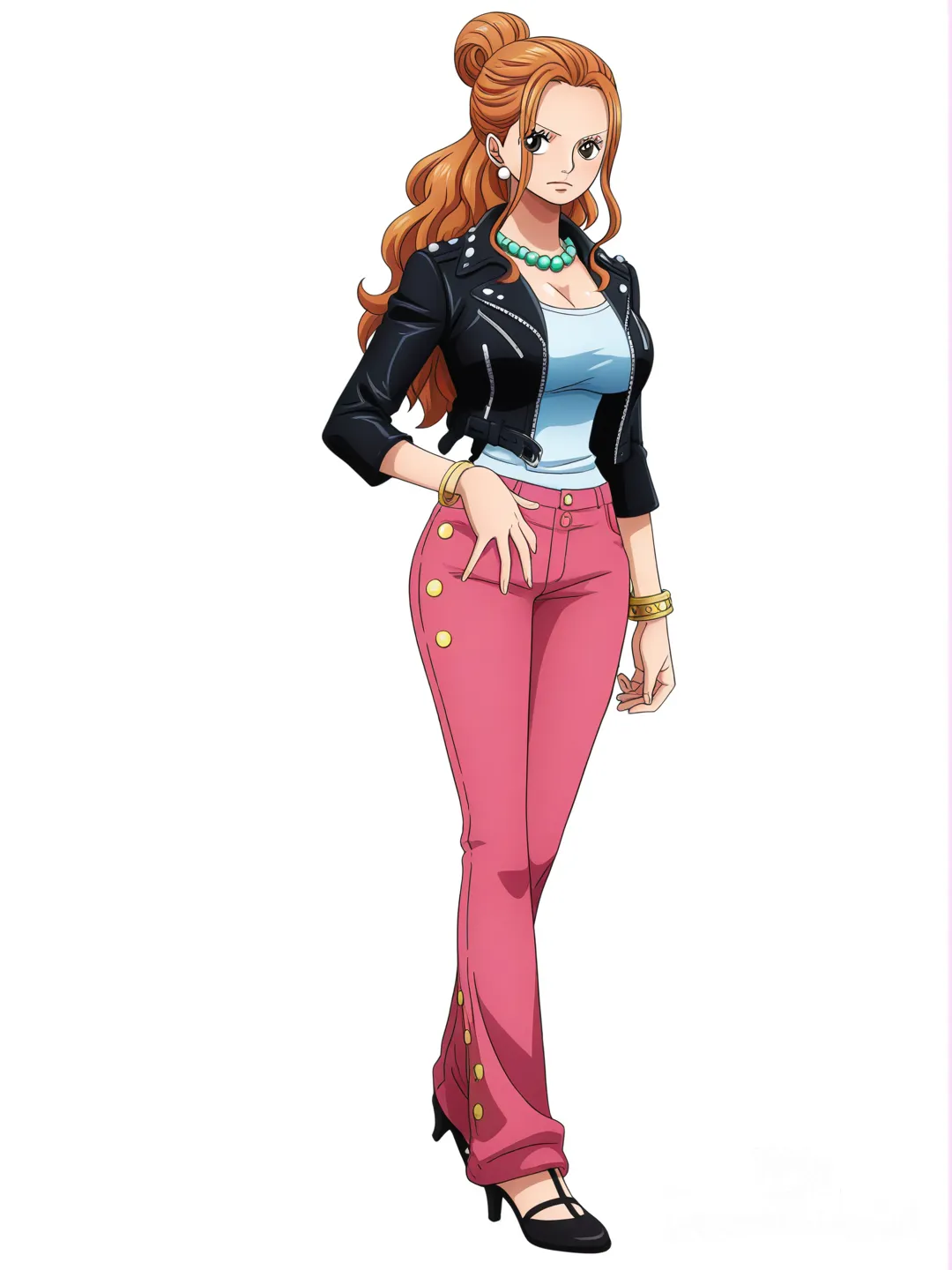 [pop-anime-style] 1girl, one piece (style), original, mature, slim, curvy, tall, long hair, wavy hair, brown hair, hair bun, brown eyes, fair skin, leather jacket, wide-leg pants, studs, lace, pink, pearls, necklace, jewelry, bracelet, single character, full body, looking at viewer, simple background, white background