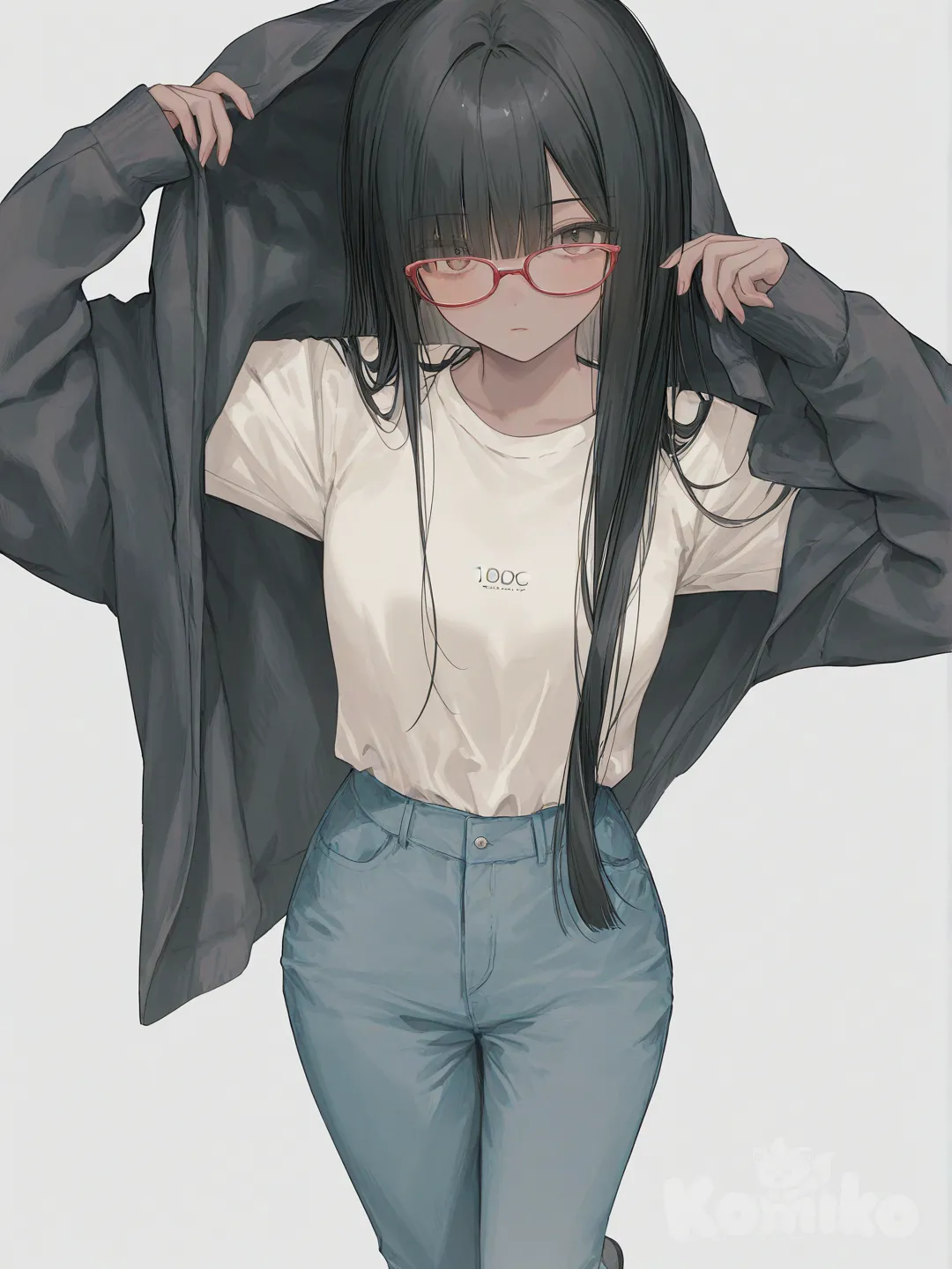 [soft-pastel-style] 1girl, middle_aged_woman, athletic, slim, curvy, black_hair, straight_hair, long_hair, bangs, brown_eyes, red-framed_glasses, tan, bohemian_shirt, casual_pants, one_piece_style, solo, full_body, looking_at_viewer, simple_background, white_background