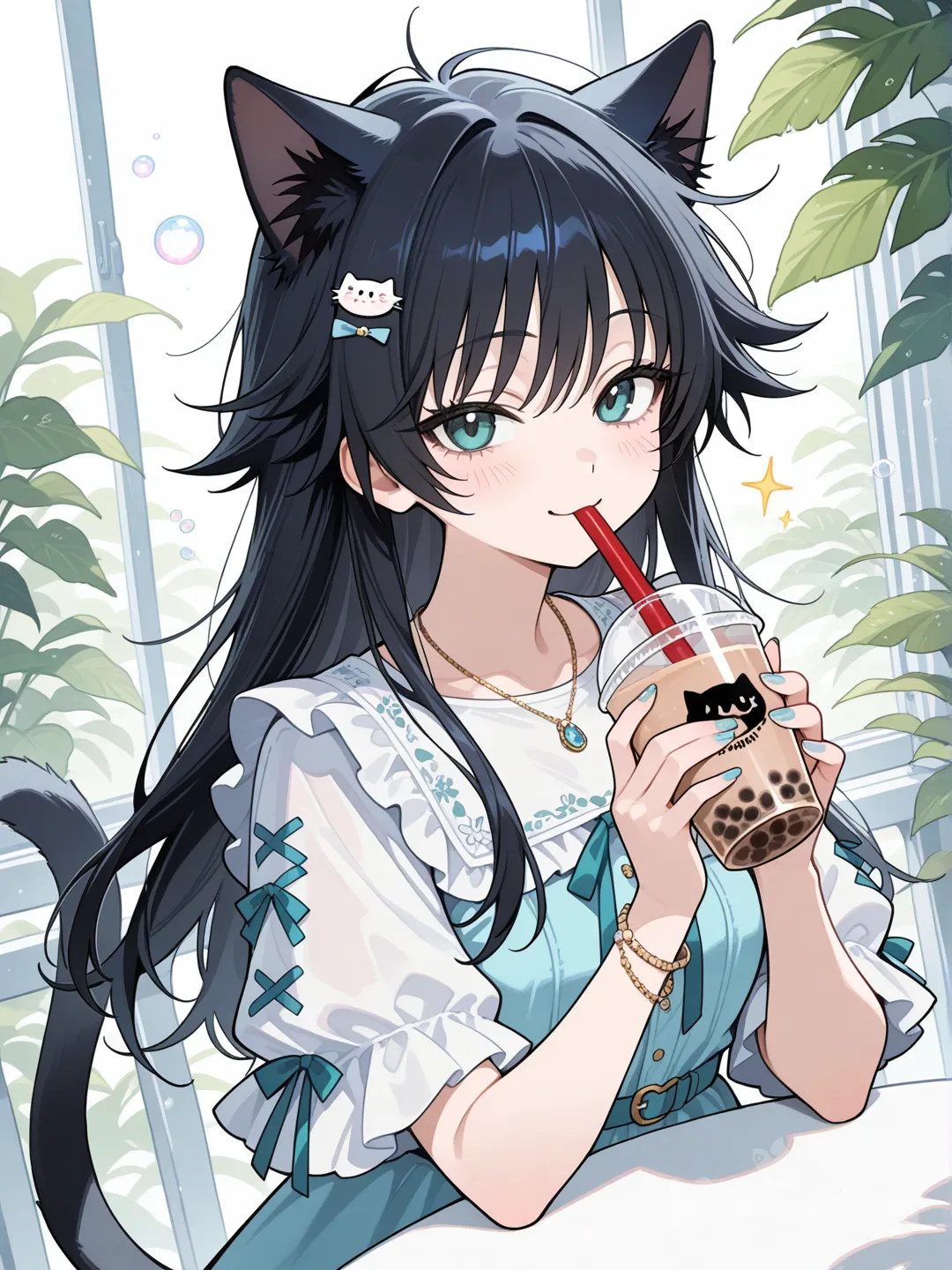 Faça o Fushiguro de orelhas e rabo de gato versão garota de cabelos longos, com vestido, acessórios, bebendo um chá de bolhas