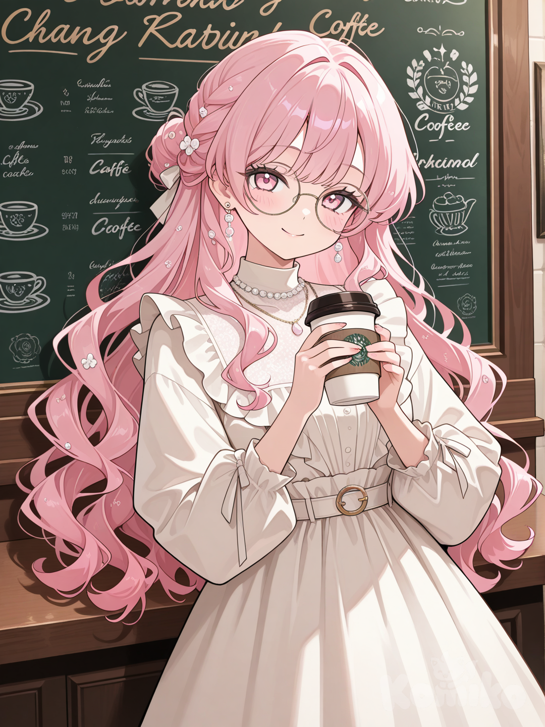 Faça uma garota de oculos redondos, de cabelos longos onduladas rosa, olhos rosa claro sakura, roupa bonita, acessórios, bebendo café