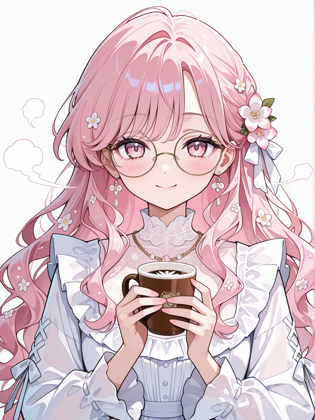 Faça uma garota de oculos redondos, de cabelos longos onduladas rosa, olhos rosa claro sakura, roupa bonita, acessórios, bebendo café