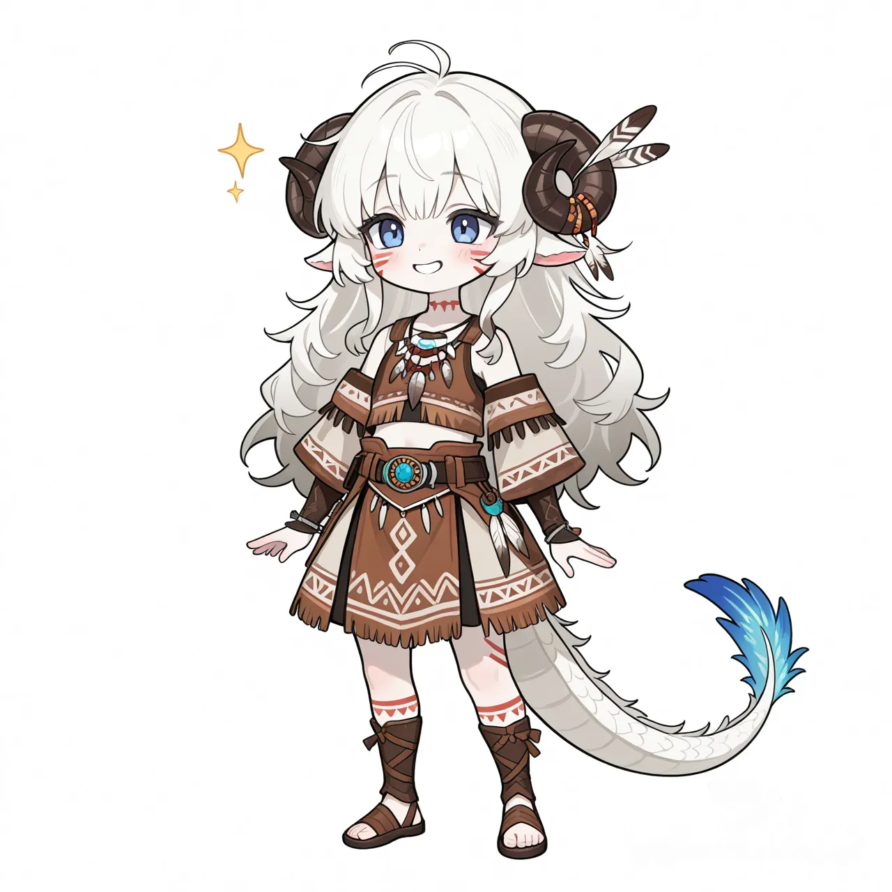 1girl, dragon girl, white hair, white skin, blue eyes, scales, white dragon tail, white background, joyful, standing, no wings, sheep horns, native american style