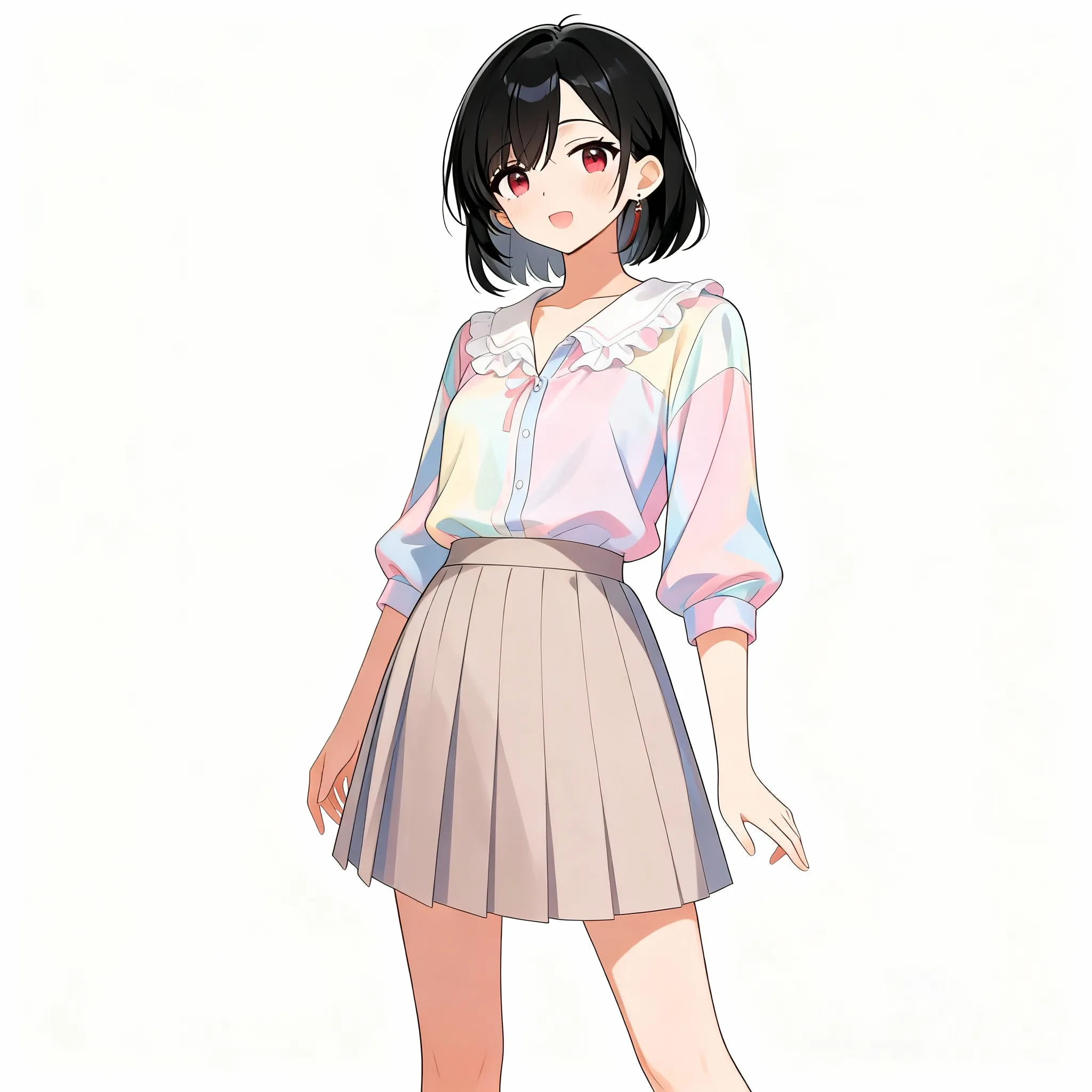 hana, 1girl, pleated skirt, pastel colored blouse, white background