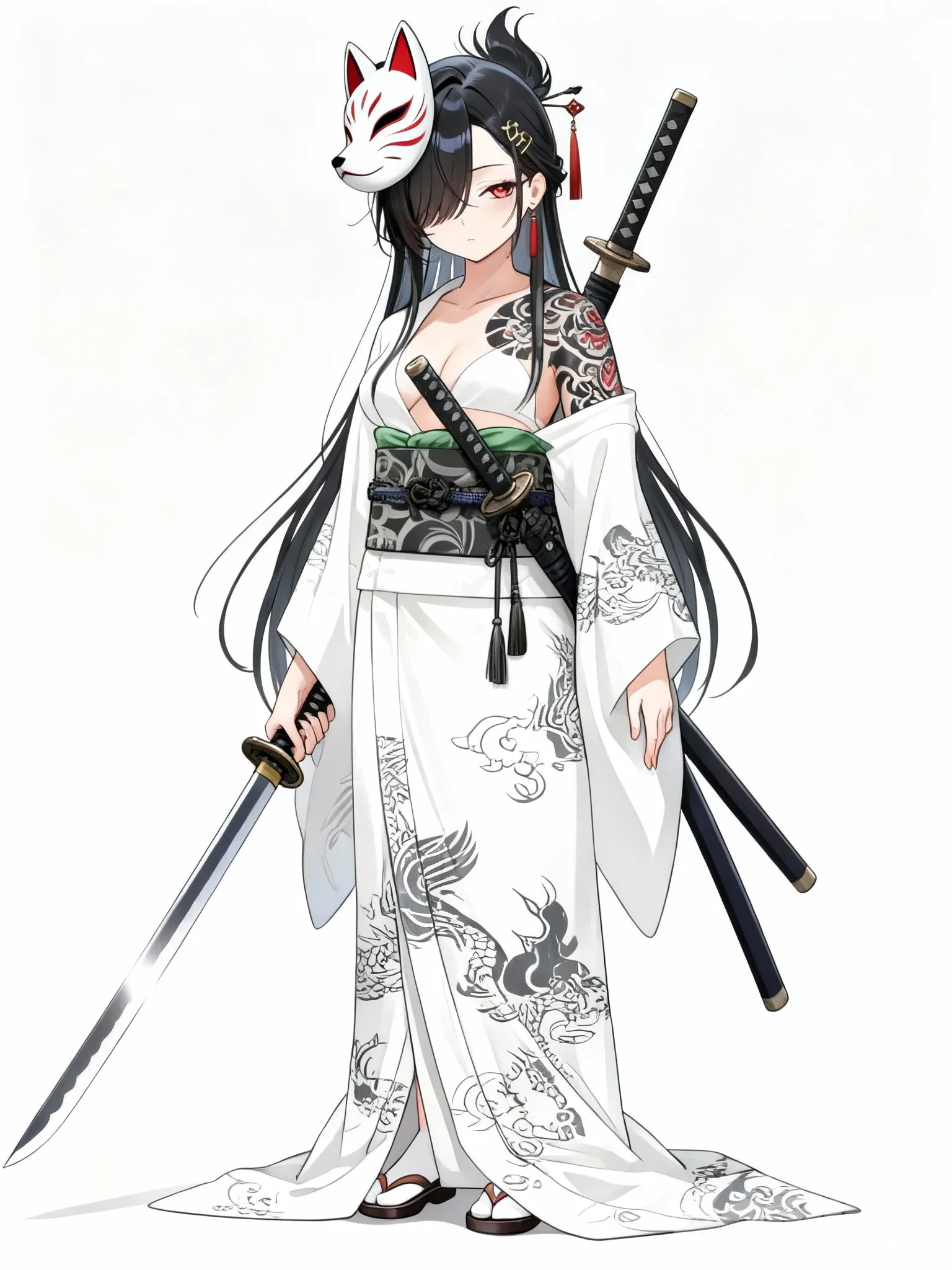 1girl, standing, white kimono, katana, fox mask, irezumi, revealing clothes