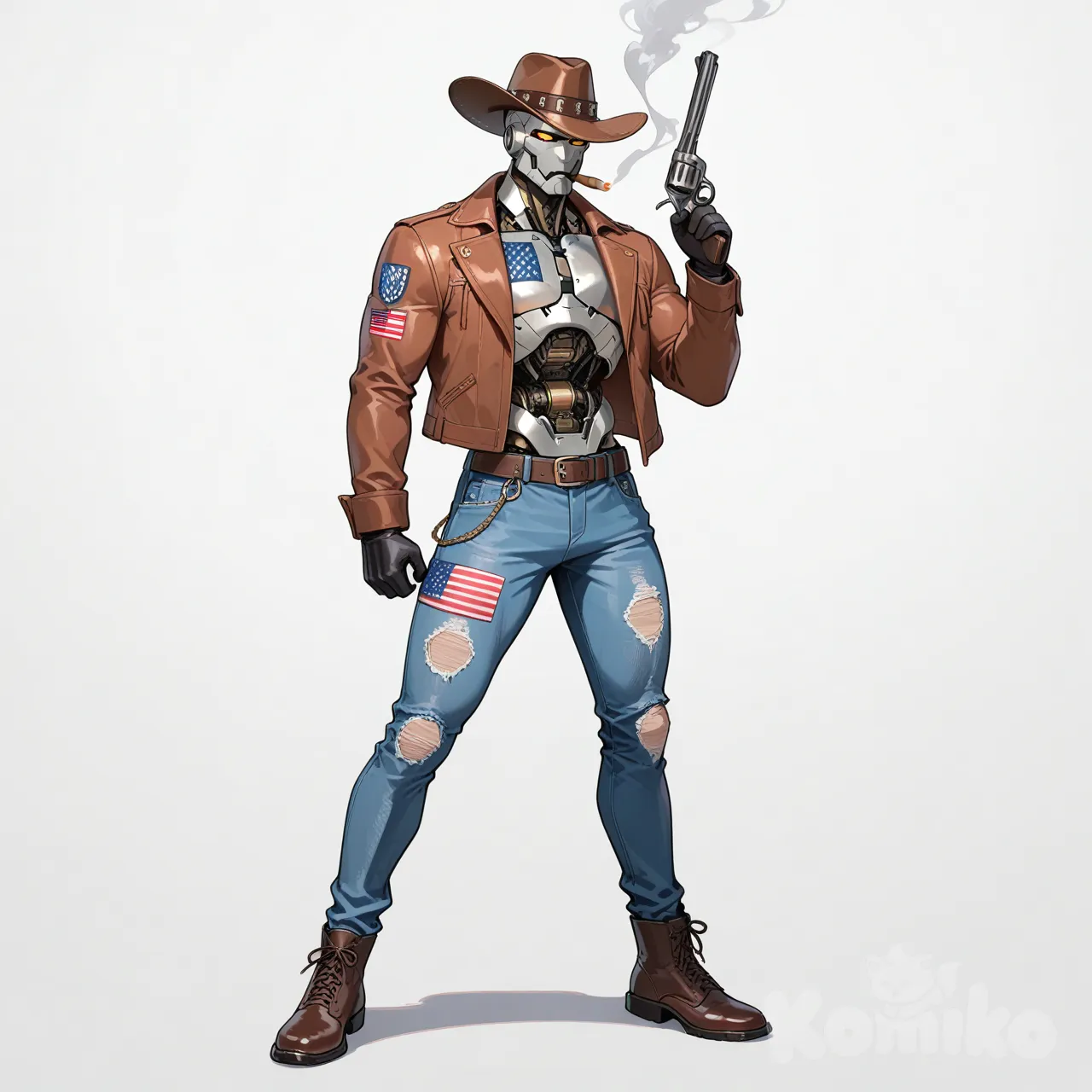 humanoid, robot, cowboy hat, revolver, jacket, jeans, white background, cigar, white background, standing, full body, american flag print, muscular