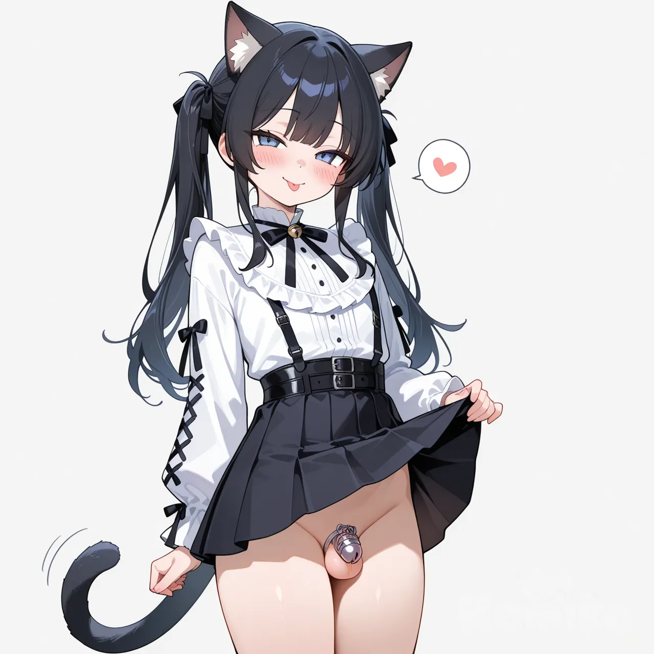 1boy, otoko no ko, femboy, black hair, twintails, frilled shirt, miniskirt, clothes lift, no panties, tongue out, white background, cowboy shot, smile, chastity cage, cat ears, cat tail