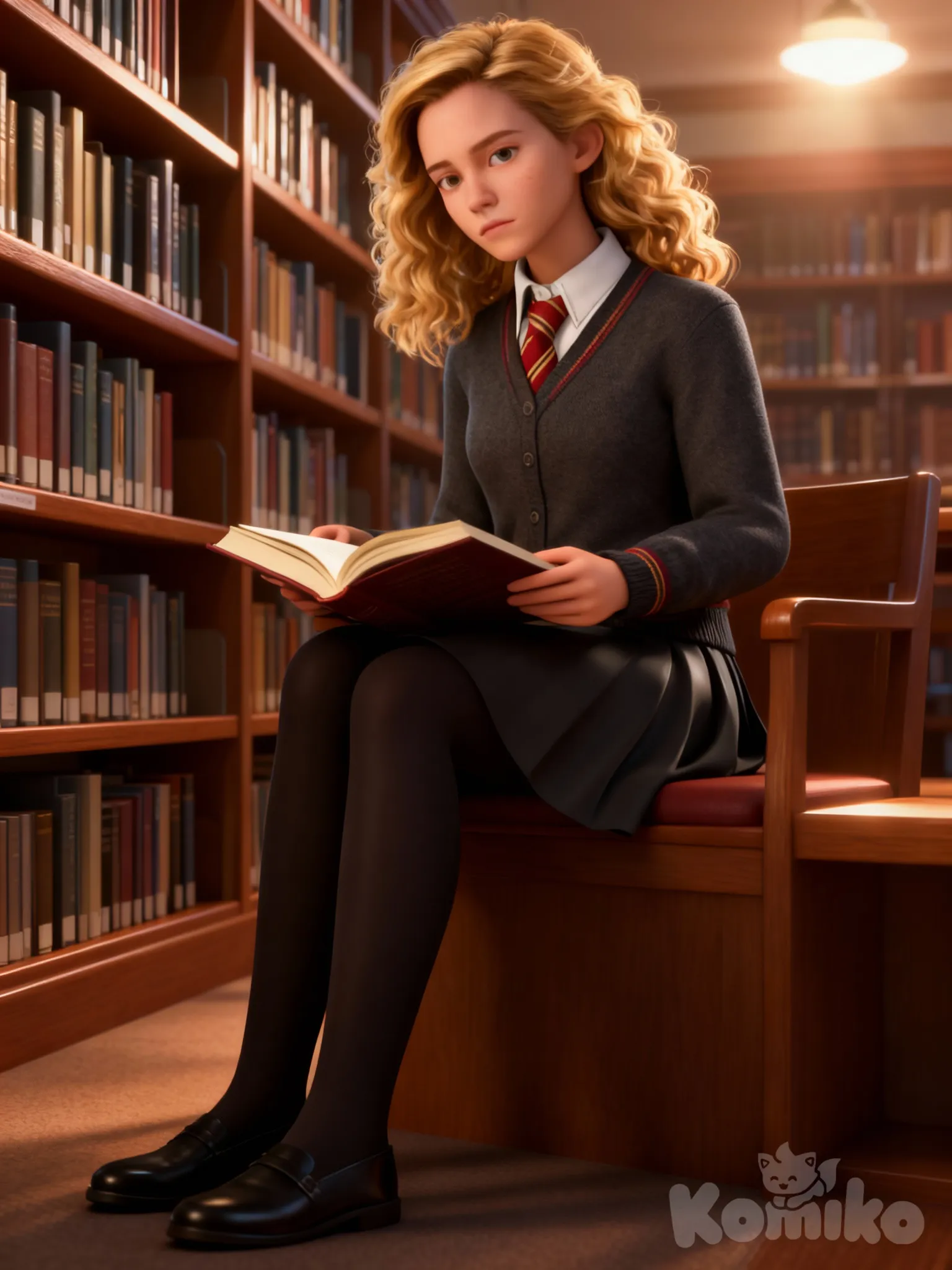 @Hermione_Granger, [3d-anime-style], expressionless, school uniform, looking away, sitting, reading, in the library