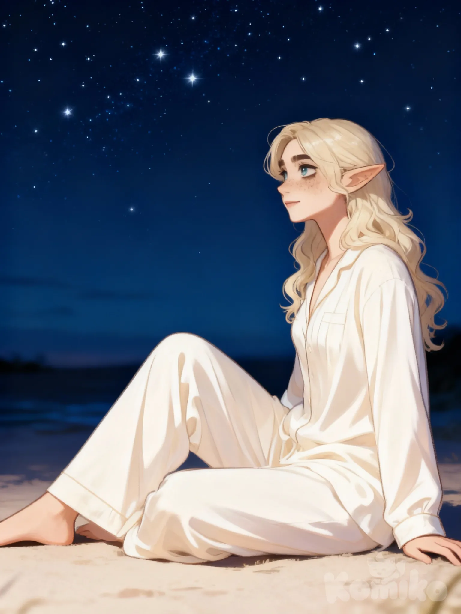 @piper-NHES, sitting on the ground, pajamas, ivory white, looking away, full body, side profile photo, night, starry sky
