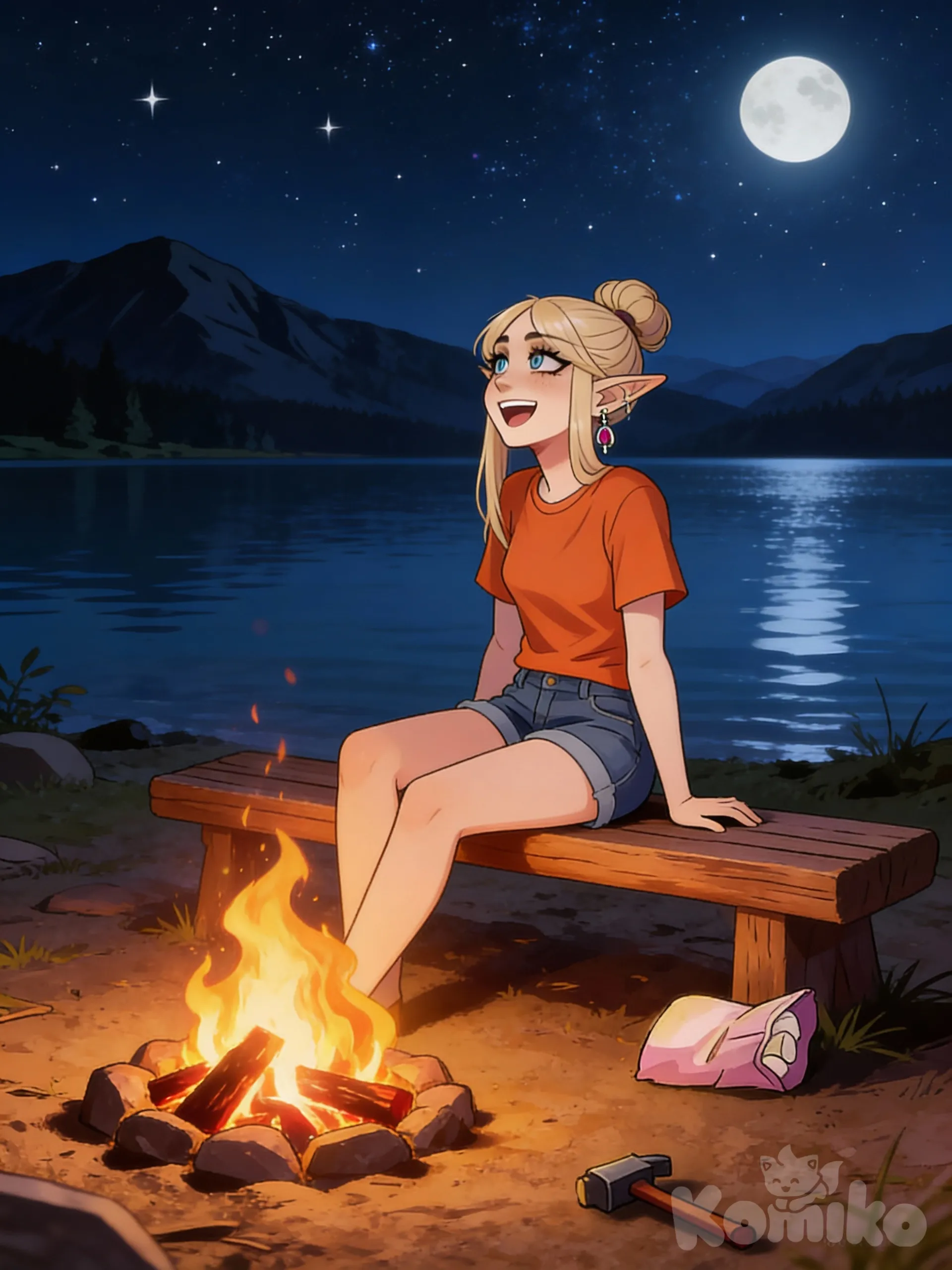 @selene-d49i, sitting on a wooden bench, smile, laughing, orange t-shirt, jean shorts, earrings, updo, looking away, night, lake, starry sky, sitting around a campfire, IMG_3132