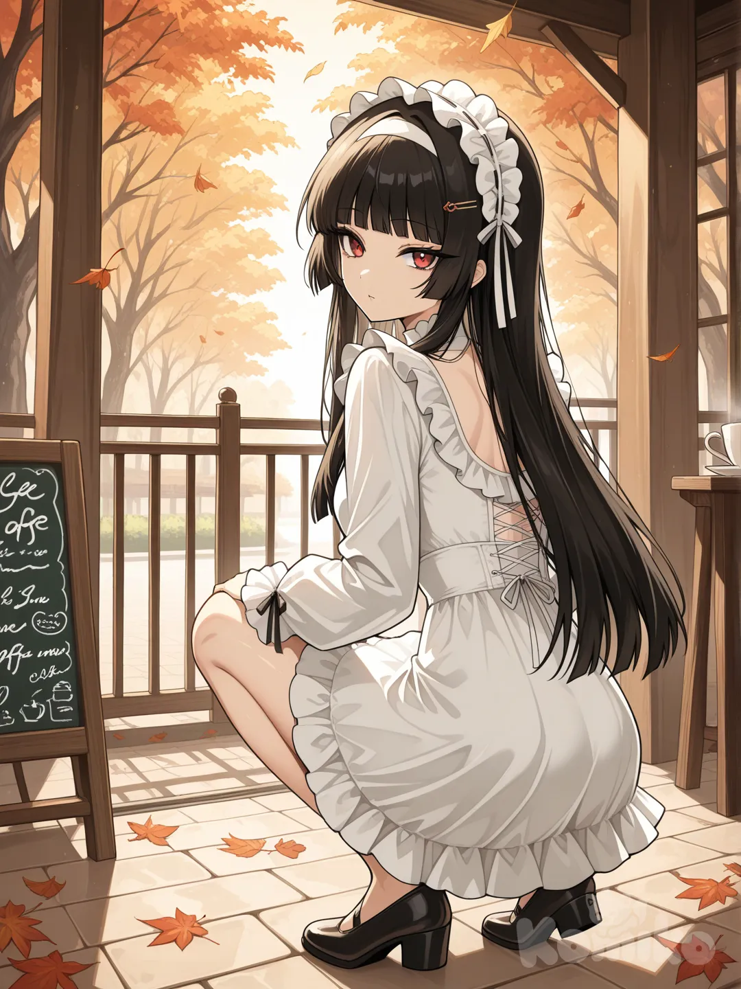 handsome character, anime art style , 1girl, ngồi xổm quay mặt di , mặc váy ôm ngắn, có tua rua đằng sau thiết kế độc đáomàu trắng, tóc hime màu đen, nét semi-realistic rendering, full body, cafe, leaves falling, looking at viewer, top light, hairpin, headband, kính y2k