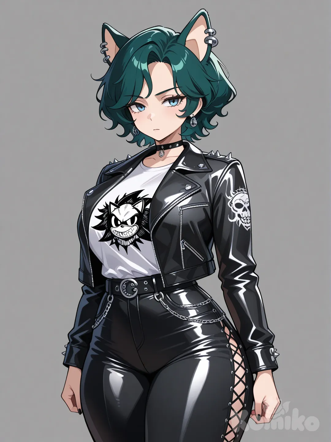 1girl, Sonic the Hedgehog original character, anthropomorphic animal, curvy, scrawny, dark-green hair, light-blue eyes, t-shirt, wide-leg pants, lace, choker, earrings, tenrec ears, short hair, wavy hair, mature, athletic, tall, disappointed, angry, expressionless, punk leather jacket