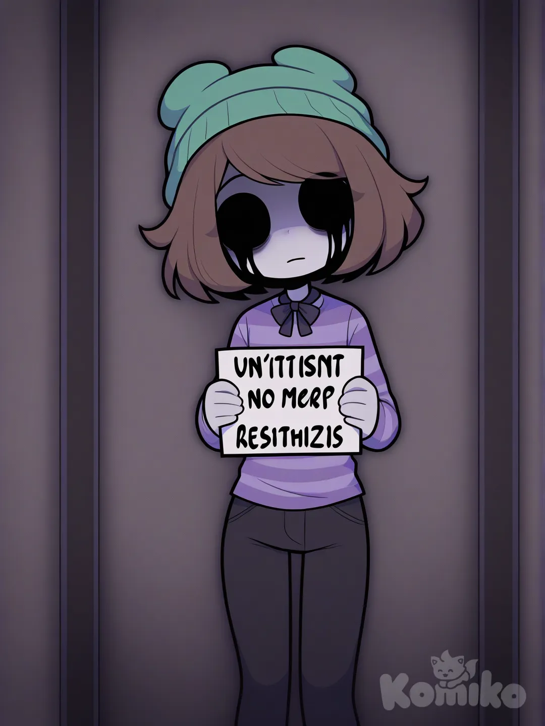 fnaf, 1girl, child, [pop-toon-style], brown hair, bob cut, purple and blue striped shirt, casual pants, no pupils, bow tie, green knit hat, pizzeria, holding sign, depressed, expressionless, crying, black tears, black sclera, grey skin.