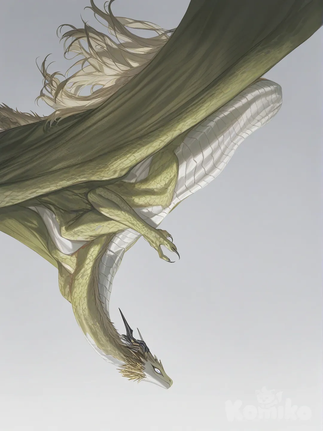dragon, snake body, yellow long hair, [soft-light-illustration-style], white face, green body, dragon horns, giantess, long body, no mouth, no eyes, flying, no wings, no arms, white head, no humans