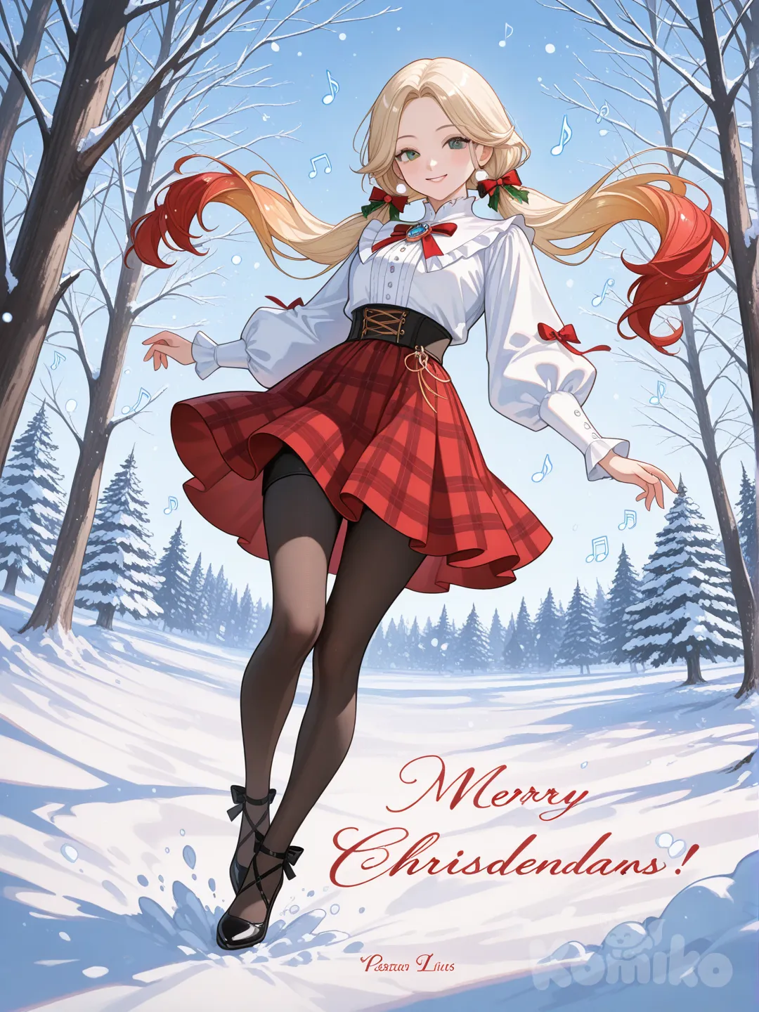 An ultra-photograph shows a full-length athletic young woman de 25 años, hermosa, con un cuerpo realista. with long, vibrant blonde hair in pigtails. Her brown eyes radiate confidence with a radiant smile illuminates her as she poses elegantly amidst a magical winter wonderland, complete with snow-covered trees, twinkling lights, and a serene atmosphere. She wears a snow-white blouse, a striking red and black plaid miniskirt, black tights, and black heels, exuding Christmas charm.. Su cabello luce liso y bien definido, con suaves notas musicales y el nombre "Luis Arcy" flotando suavemente alrededor de sus pies reflejando su pasión por la música y el arte.