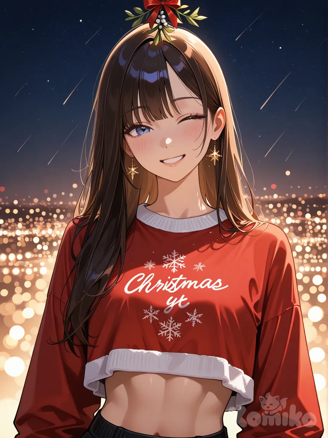 An ultra-photograph shows a full-length athletic young woman de 25 años, hermosa, con un creating a playful and flirtatious atmosphere. Set against a magical backdrop of colored lights and fireworks adorned with festive stars, snowflakes, and mistletoe, creating a playful and flirtatious atmosphere. The background is filled with a striking starry sky, adding depth and enchantment to the image. Festive decorations enhance the Christmas theme, transforming the scene into a captivating and unforgettable holiday memory. Su cabello luce liso y bien definido, con suaves notas musicales y el nombre "Luis Arcy" flotando suavemente alrededor de sus pies reflejando su pasión por la música y el arte.The background is a hypnotic blend of deep blue and red bokeh, created by vibrant, ethereal lighting, adding atmospheric depth and evoking a sense of melancholic longing at sunset. The background enhances the woman's silhouette. Her hair is sleek and well-defined, with soft musical notes and the name "Luis Arcy" gently floating around her feet, enhancing the warmth and visual appeal of the scene.