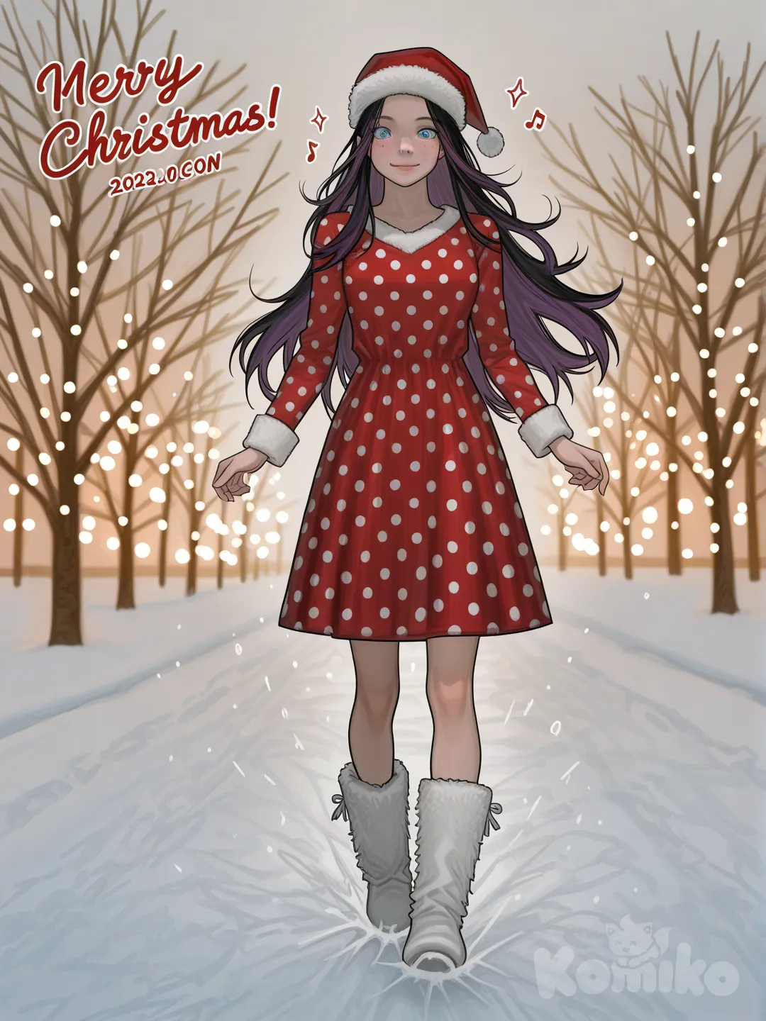 A photograph in the style of Annie Leibovitz depicts a full-length view of a striking 25-year-old woman, her athletic and slender physique accentuated by a playful red polka-dotted dress and fluffy white boots, embodying a whimsical holiday spirit. Her super-long, straight purple hair cascades around her, framing captivating blue eyes that sparkle with confidence and a radiant smile, while a festive Santa Claus hat adds a touch of cheer. Soft musical notes and the name "Luis Arcy" gently float around her feet, shimmering subtly and reflecting a harmonious atmosphere, all bathed in the warm glow of diffused golden light against a backdrop of softly blurred, snow-dusted evergreens. The overall scene evokes a feeling of artistic flair and joyous celebration, meticulously capturing the beauty and vibrancy of the moment., [digital-painterly-style]