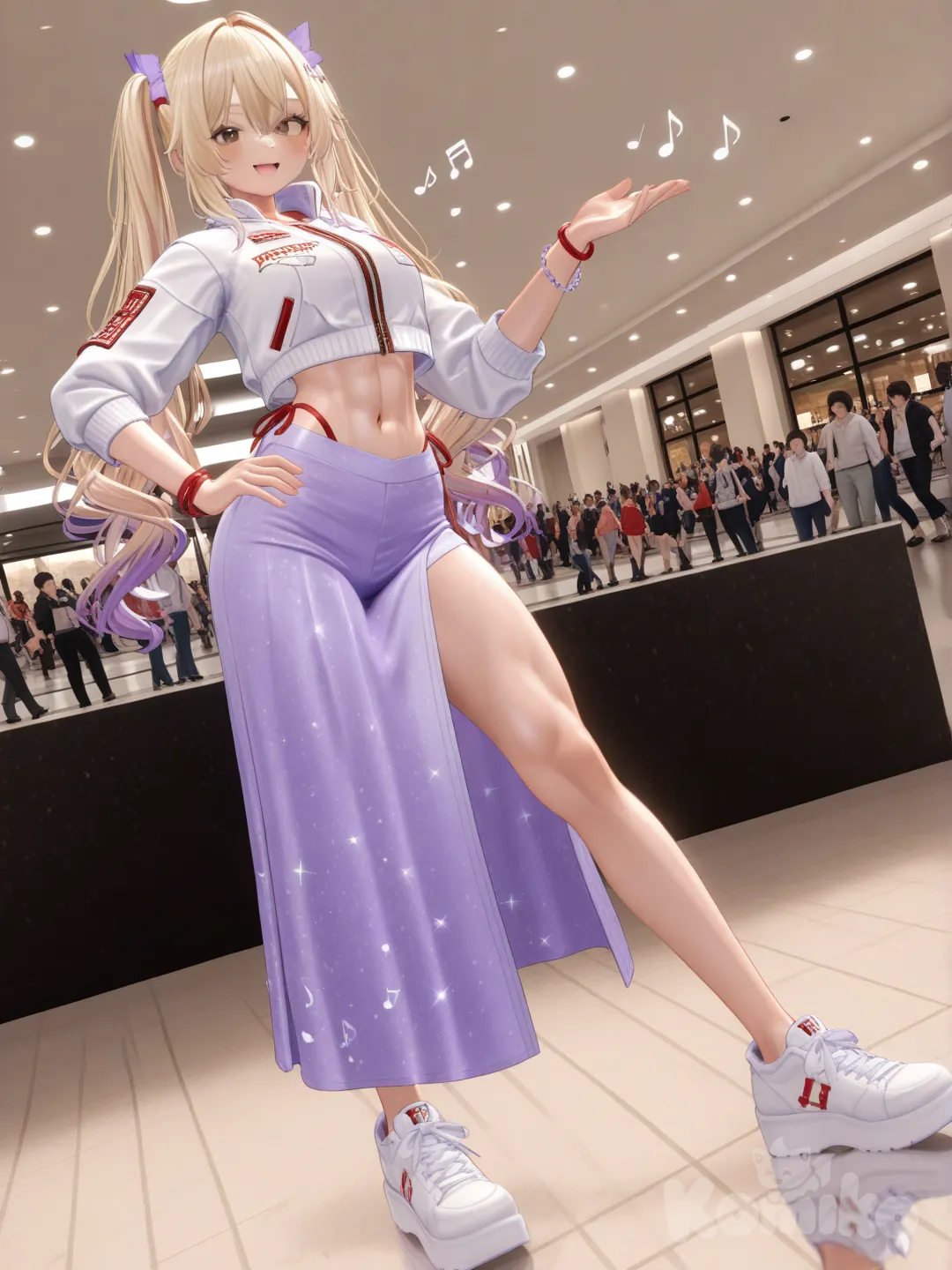 An ultra-photograph shows a full-length athletic young woman de 25 años, hermosa, con un cuerpo realista. with long, vibrant blonde hair in pigtails. Her brown eyes radiate confidence with a radiant smile interwoven with vibrant purple streaks, artfully arranged in a messy braid. She stands playfully, one hand casually resting on her hip, showcasing a short white jacket boldly embroidered with "ARCY" in a striking shade of red, with a purple miniskirt featuring a daring slit, and accented by white platform sneakers boasting fiery red soles; she delicately holds a musical note near her waist, adorned with playful red bracelets. The background is a bustling shopping mall bathed in warm, vibrant lighting, filled with intertwined, dancing musical notes at her feet, punctuated by the elegant 3D text "Luis Arcy," creating a joyful and celebratory atmosphere., [3d-anime-style]