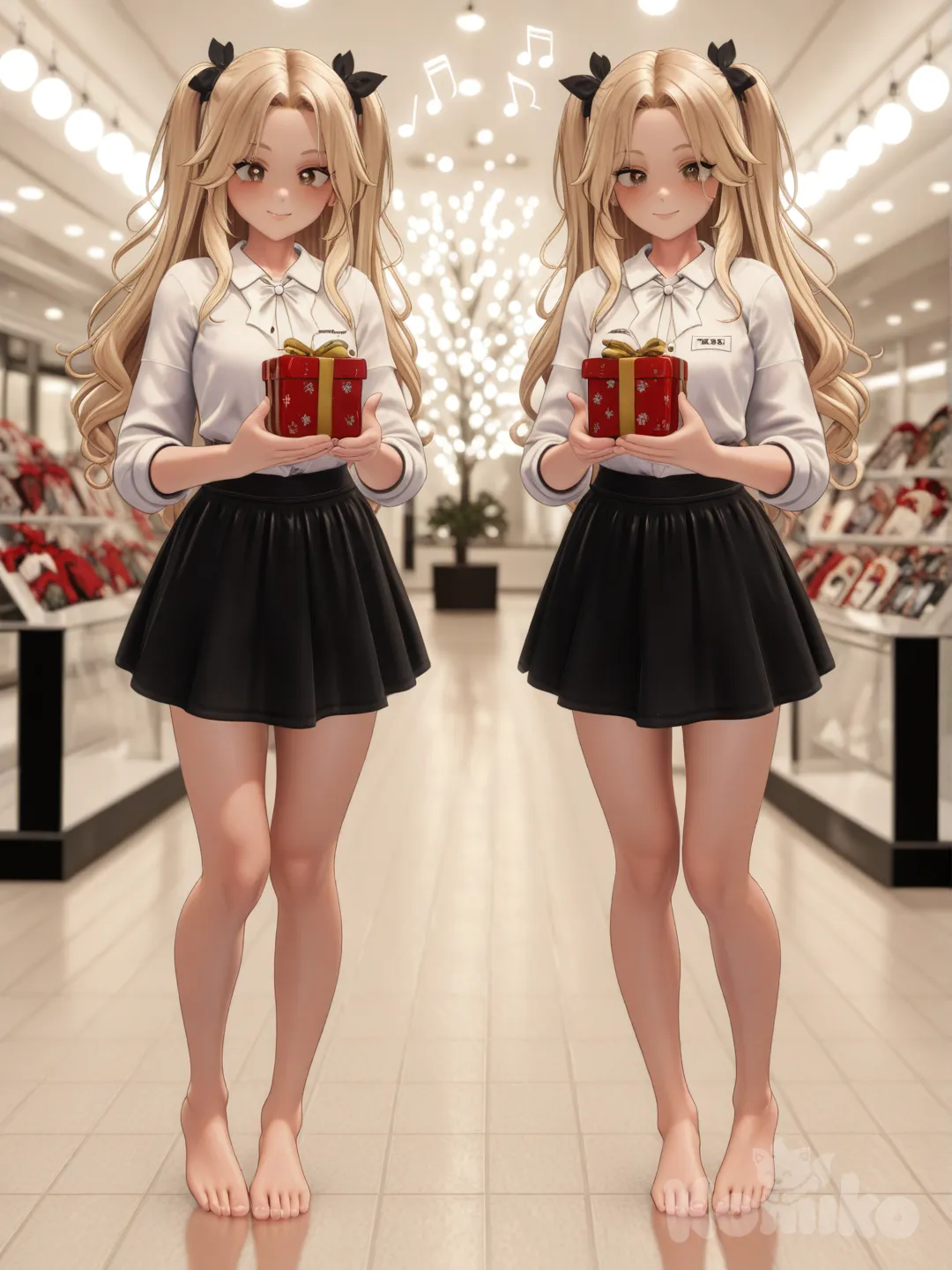"A photograph in the style of Annie Leibovitz depicts a striking young woman, approximately 25 years old, possessing a naturally athletic physique and long, luminous blonde hair styled in playful pigtails; her warm brown eyes sparkle with confidence as a radiant smile graces her lips. She is poised elegantly beside a charming Christmas gift shop, dressed in a sophisticated black miniskirt and ensemble, accented by a delicate bow, and gently cradling a vibrant red and white present. The background showcases a feminine interior, bathed in soft gold tones and light pinks, adorned with delicate floral prints, while a blurred view of a festive shopping mall with twinkling Christmas lights provides depth, and ethereal musical notes, alongside the name 'Luis Arcy,' float subtly around her feet, symbolizing her artistic passion.", [3d-anime-style]
