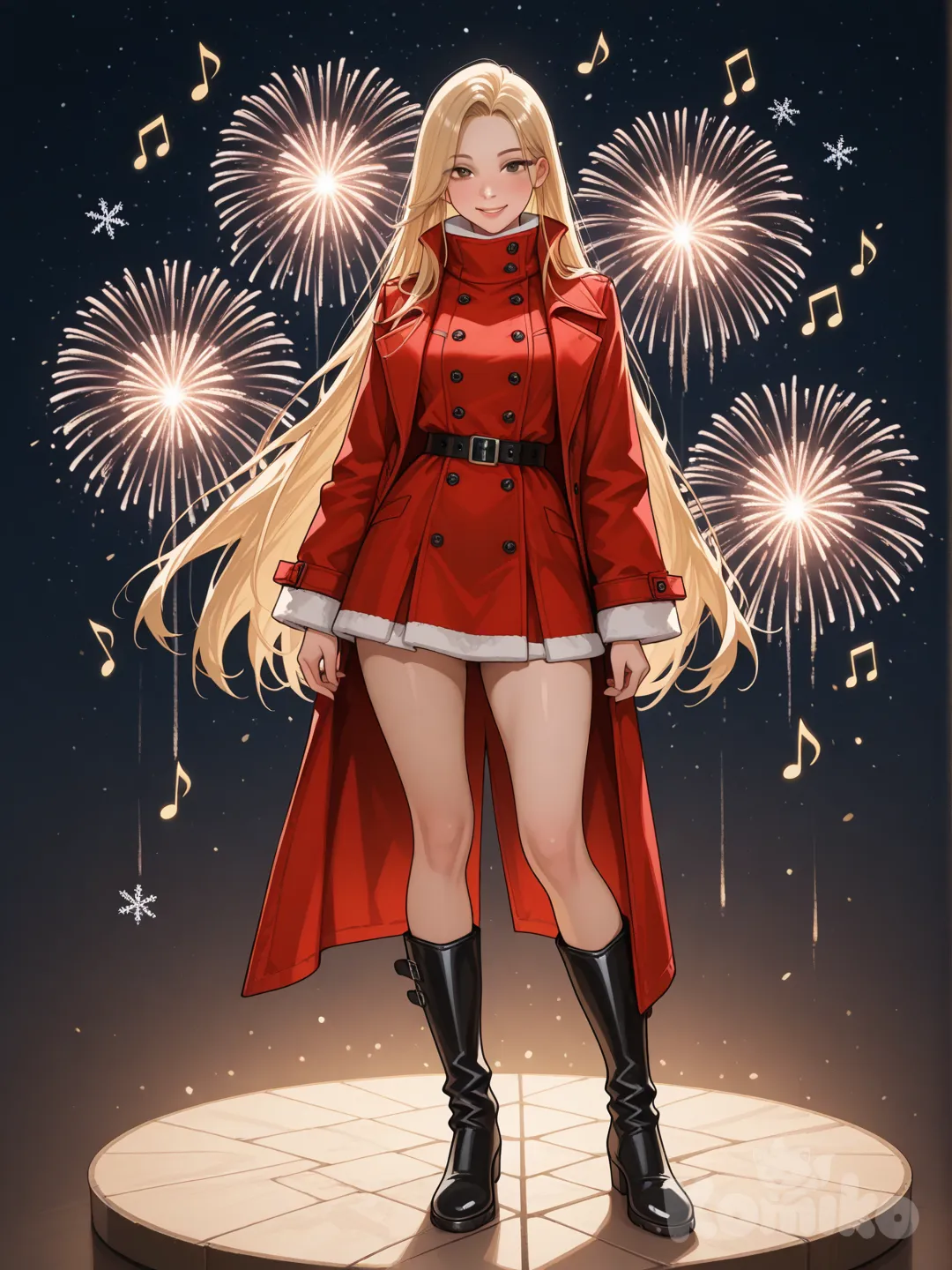 An ultra-photograph shows a full-length, athletic, beautiful, and slender 25-year-old woman with a realistic body. capturing a stunning woman stand with super-long, straight blonde hair Her brown eyes radiate confidence with a radiant smile with a realistic body captured in a moment of poised strength. She is elegantly dressed in a fitted deep white and red coat with a high collar, a flowing mini dress, and sophisticated knee-high boots, standing The overall scene is bathed in a warm, inviting light, enhancing the captivating and heartwarming essence of the holiday season Set against a magical backdrop of colored lights and fireworks adorned with festive stars, snowflakes, and mistletoe, creating a playful and flirtatious atmosphere. The background is filled with a striking starry sky, adding depth and enchantment to the image. Festive decorations enhance the Christmas theme, transforming the scene into a captivating and unforgettable holiday memory. Su cabello luce liso y bien definido, con suaves notas musicales y el nombre "Luis Arcy" flotando suavemente alrededor de ella reflejando su pasión por la música y el arte.