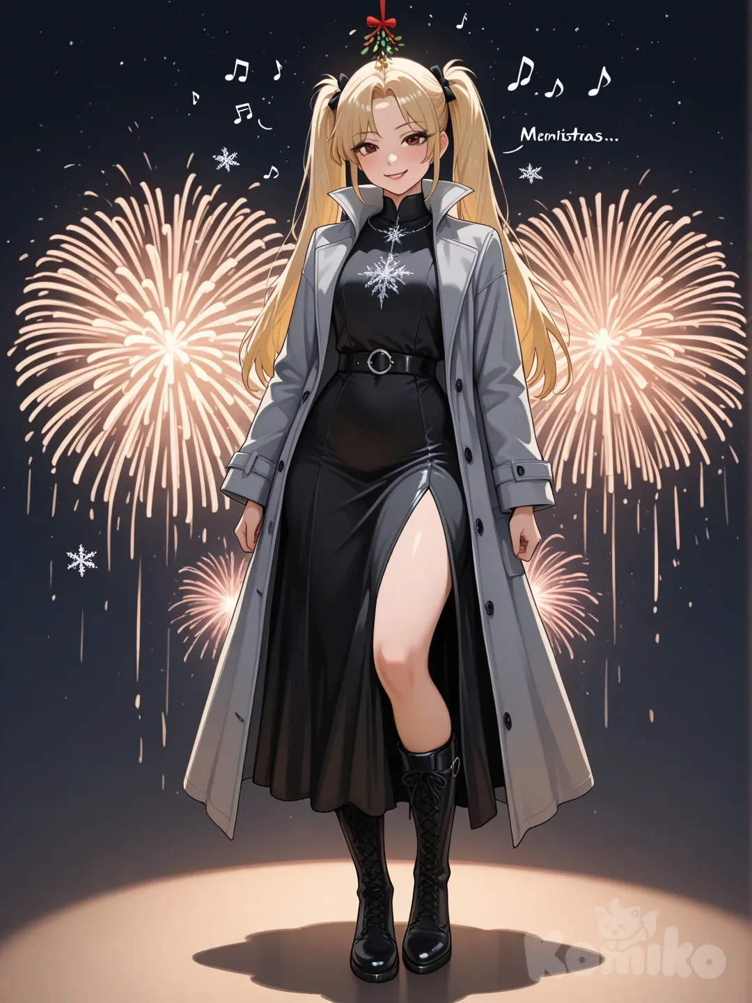 Una fotografía ultradetallada muestra a una joven mujer atlética de cuerpo entero, con una larga y vibrante cabellera rubia recogida en coletas. Sus ojos marrones irradian confianza con una sonrisa radiante, with a realistic body exuding sophistication and mystique. She is dressed in a sleek deep grey and black ensemble, including a fitted coat with a high collar, a flowing dress, and knee-high boots. The woman stands as the focal point, The overall scene is bathed in a warm, inviting light, enhancing the captivating and heartwarming essence of the holiday season Set against a magical backdrop of colored lights and fireworks adorned with festive stars, snowflakes, and mistletoe, creating a playful and flirtatious atmosphere. The background is filled with a striking starry sky, adding depth and enchantment to the image. Festive decorations enhance the Christmas theme, transforming the scene into a captivating and unforgettable holiday memory. Su cabello luce liso y bien definido, con suaves notas musicales y el nombre "Luis Arcy" flotando suavemente alrededor de ella reflejando su pasión por la música y el arte.