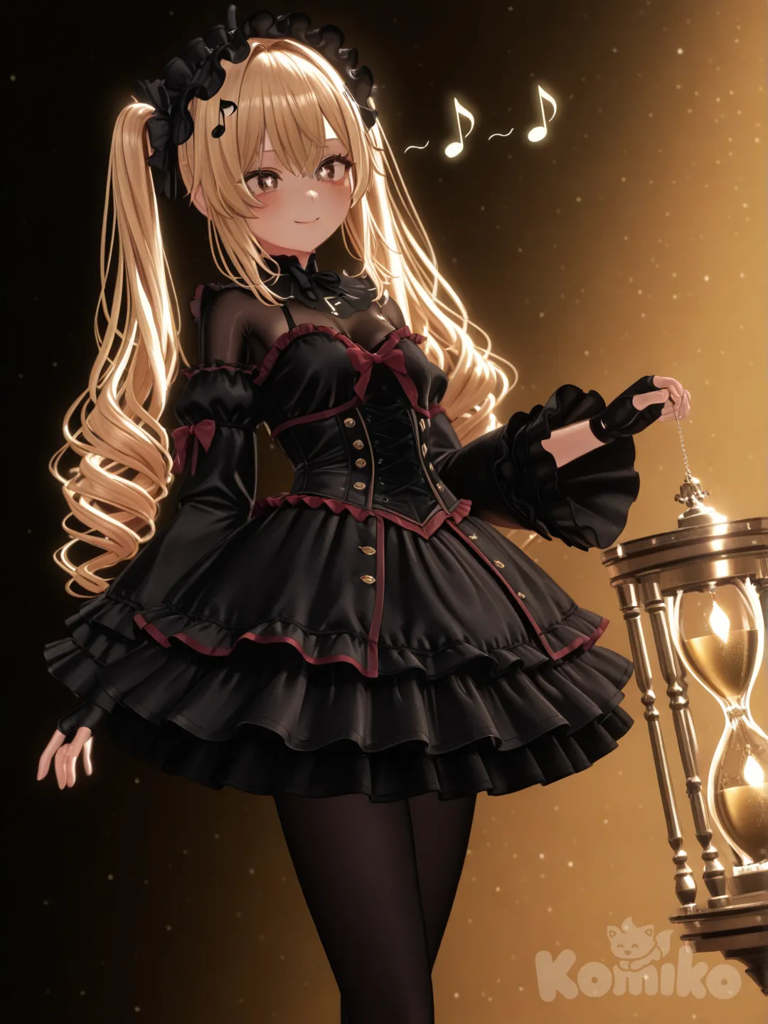 An ultra-photograph captures a confident 25-year-old woman with long vibrant blonde hair styled in playful pigtails and warm brown eyes that sparkle with determination. She stands gracefully in a black Gothic-Lolita minidress featuring elegant ruffles and crimson red trim accents, complemented by black fingerless gloves with chrome studs and sleek black tights decorated with musical note patterns. Her slender, curvaceous silhouette is dramatically illuminated by intense stage spotlights that create bold contrasts against the dark performance backdrop. At her feet, glowing text reading "Luis Arcy" appears alongside floating musical notes, casting a warm golden light that beautifully contrasts with the deep shadows enveloping the stage., [3d-anime-style]