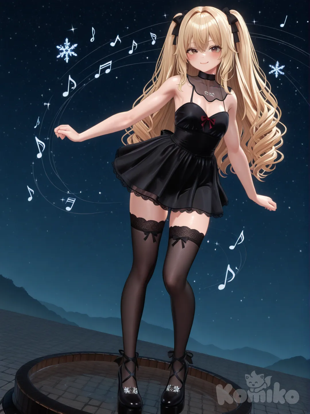 An ultra-photograph shows a full-length athletic young woman de 25 años, hermosa y, con un cuerpo realista. with long, vibrant blonde hair in pigtails. Her brown eyes radiate confidence with a radiant smile e is wearing an elegant black mini dress with a sweetheart neckline and a lace-up back. The mini dress has a high-low hemline with a red and black pattern. The woman is wearing stockings that cover her entire leg, made of transparent lace with delicate floral details. adorned with glittering snowflakes. The background is a dark, snowy landscape illuminated by the lights of the stars. Su cabello luce liso y bien definido, con suaves notas musicales y el nombre "Luis Arcy" flotando suavemente alrededor de sus pies reflejando su pasión por la música y el arte., [3d-anime-style]