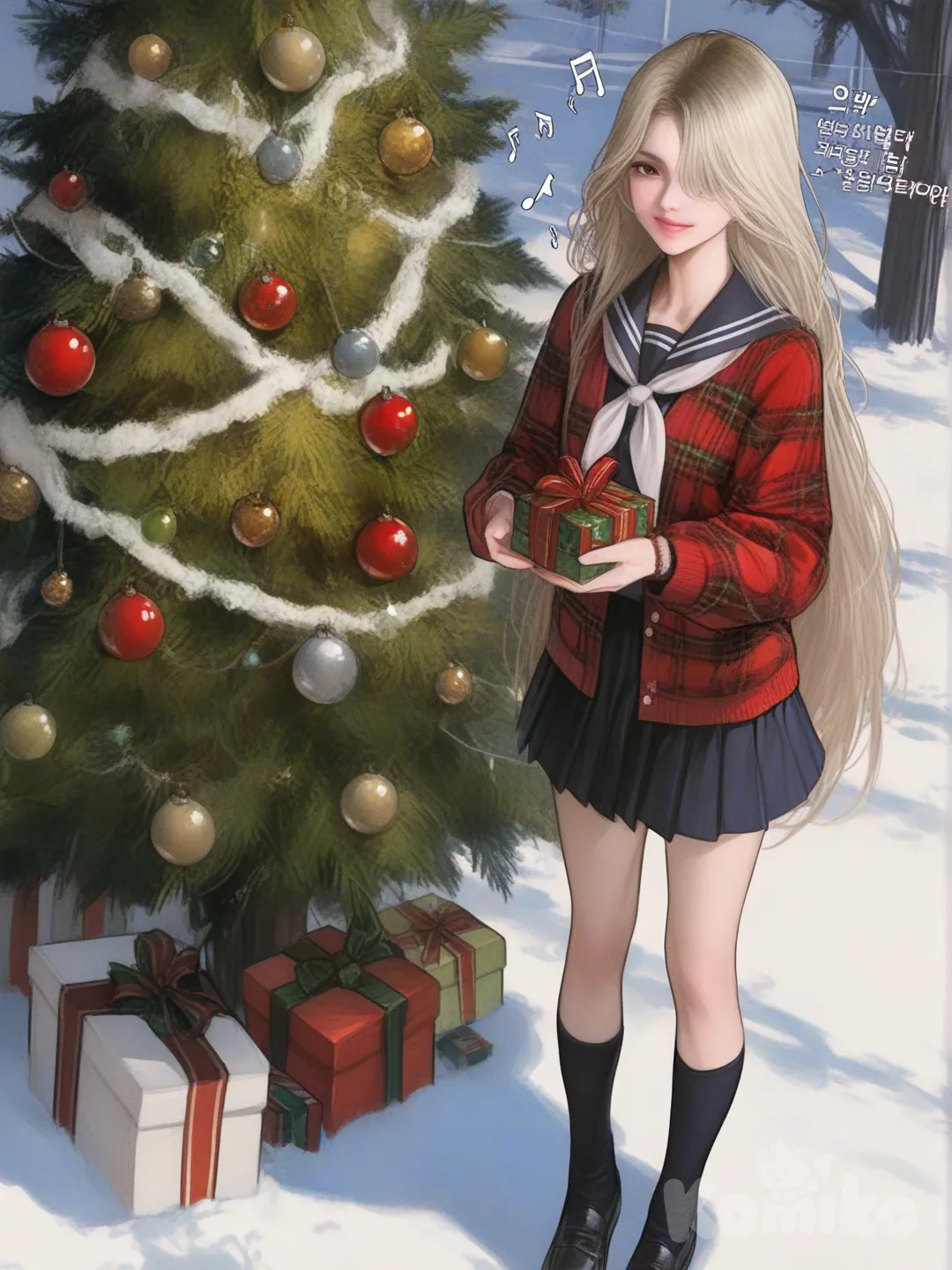 An ultra-photograph shows a full-length, athletic, beautiful, and slender 25-year-old woman with a realistic body. capturing a stunning woman stand with super-long, straight blonde hair Her brown eyes radiate confidence with a radiant smile posed gracefully within a sun-drenched schoolyard, evokes a sense of timeless elegance. She is adorned in a modern schoolgirl ensemble: a delicate, form-fitting blouse with playful plaid accents on the sleeves paired with a vibrant black miniskirt, The background showcases a beautifully decorated Christmas tree, adorned with shimmering ornaments and wrapped in intricate lights. Surrounding the tree are exquisitely wrapped Christmas gifts, and the festive atmosphere is enhanced by a dazzling array of decorations. The overall ambiance of the scene is enchanting and magical, evoking a sense of wonder and joy. Su cabello luce liso y bien definido, con suaves notas musicales y el nombre "Luis Arcy" flotando suavemente alrededor de sus pies reflejando su pasión por la música y el arte., [semi-realistic-portrait-style]