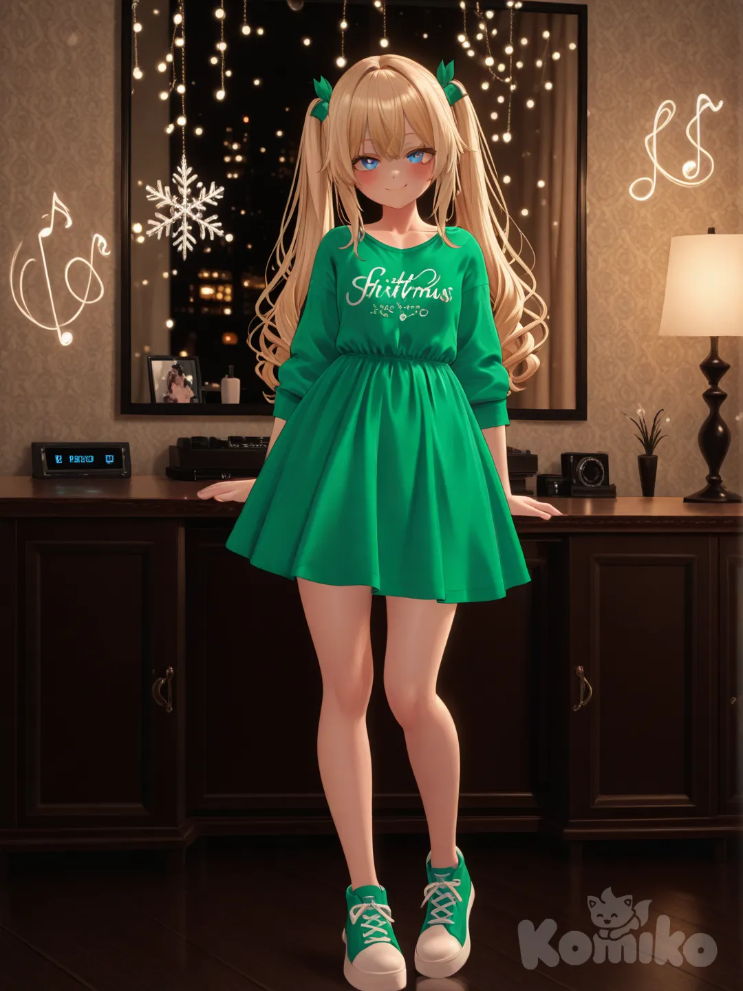 An ultra-photograph shows a full-length athletic young woman de 25 años, hermosa, con un cuerpo realista. with long, vibrant blonde hair in pigtails. Her brown eyes radiate confidence with a radiant smile exudes an irresistible presence. Her long, wavy hair boasts blonde highlights, accentuating her mesmerizing blue eyes. Dressed in a fitted green neon shirt dress, the text "Arcy's girl" is elegantly written in black lettering above a vibrant heart, adding a touch of personal flair. The city street behind her is illuminated by twinkling Christmas lights, snowflakes, and festive decorations, creating a warm and inviting atmosphere. The golden light envelops the scene, evoking a sense of serenity and joy, Su cabello luce liso y bien definido, con suaves notas musicales y el nombre "Luis Arcy" flotando suavemente alrededor de sus pies reflejando su pasión por la música y el arte., [3d-anime-style]