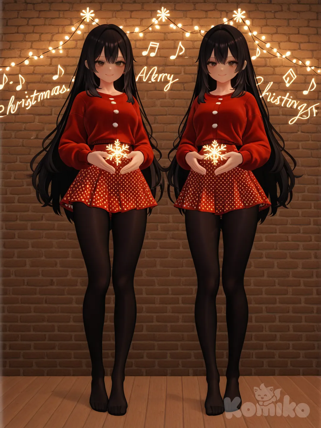 An ultra-photograph shows a full-length, athletic, beautiful, and slender 25-year-old woman with a realistic body. capturing a stunning woman stand with super-long, straight black hair Her brown eyes radiate confidence with a radiant smile dressed in a short miniskirt and tights. The subject stands confidently against a brick wall, her black and orange polka-dotted miniskirt and black tights accentuating her figure. The city street behind her is illuminated by twinkling Christmas lights, snowflakes, and festive decorations, creating a warm and inviting atmosphere. The golden light envelops the scene, evoking a sense of serenity and joy, Su cabello luce liso y bien definido, con suaves notas musicales y el nombre "Luis Arcy" flotando suavemente alrededor de sus pies reflejando su pasión por la música y el arte., [3d-anime-style]