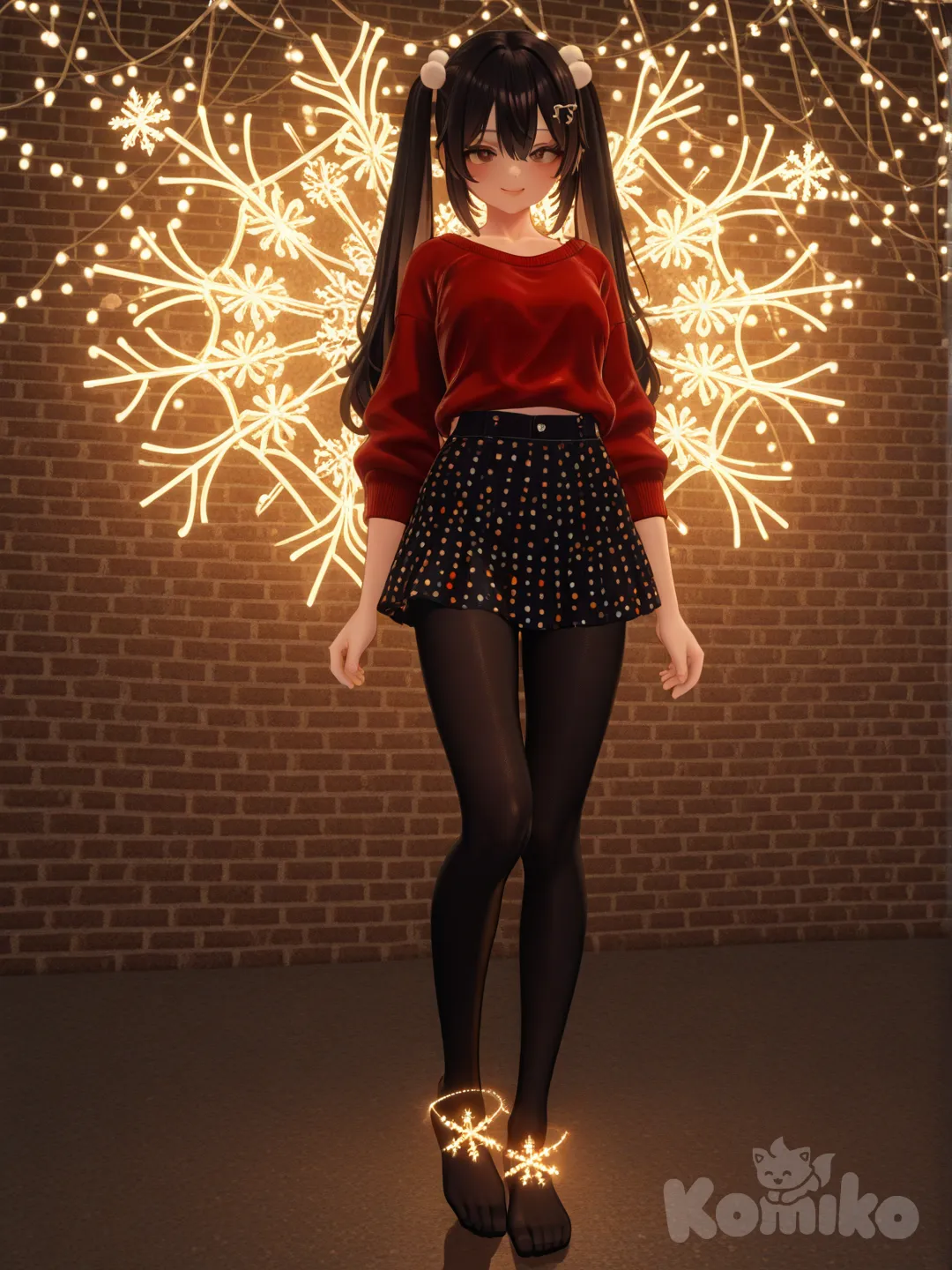 An ultra-photograph shows a full-length athletic young woman de 25 años, hermosa, con un cuerpo realista. with long, vibrant black hair in pigtails. Her brown eyes radiate confidence with a radiant smile dressed in a short miniskirt and tights. The subject stands confidently against a brick wall, her black and orange polka-dotted miniskirt and black tights accentuating her figure. The city street behind her is illuminated by twinkling Christmas lights, snowflakes, and festive decorations, creating a warm and inviting atmosphere. The golden light envelops the scene, evoking a sense of serenity and joy, Su cabello luce liso y bien definido, con suaves notas musicales y el nombre "Luis Arcy" flotando suavemente alrededor de sus pies reflejando su pasión por la música y el arte., [3d-anime-style]