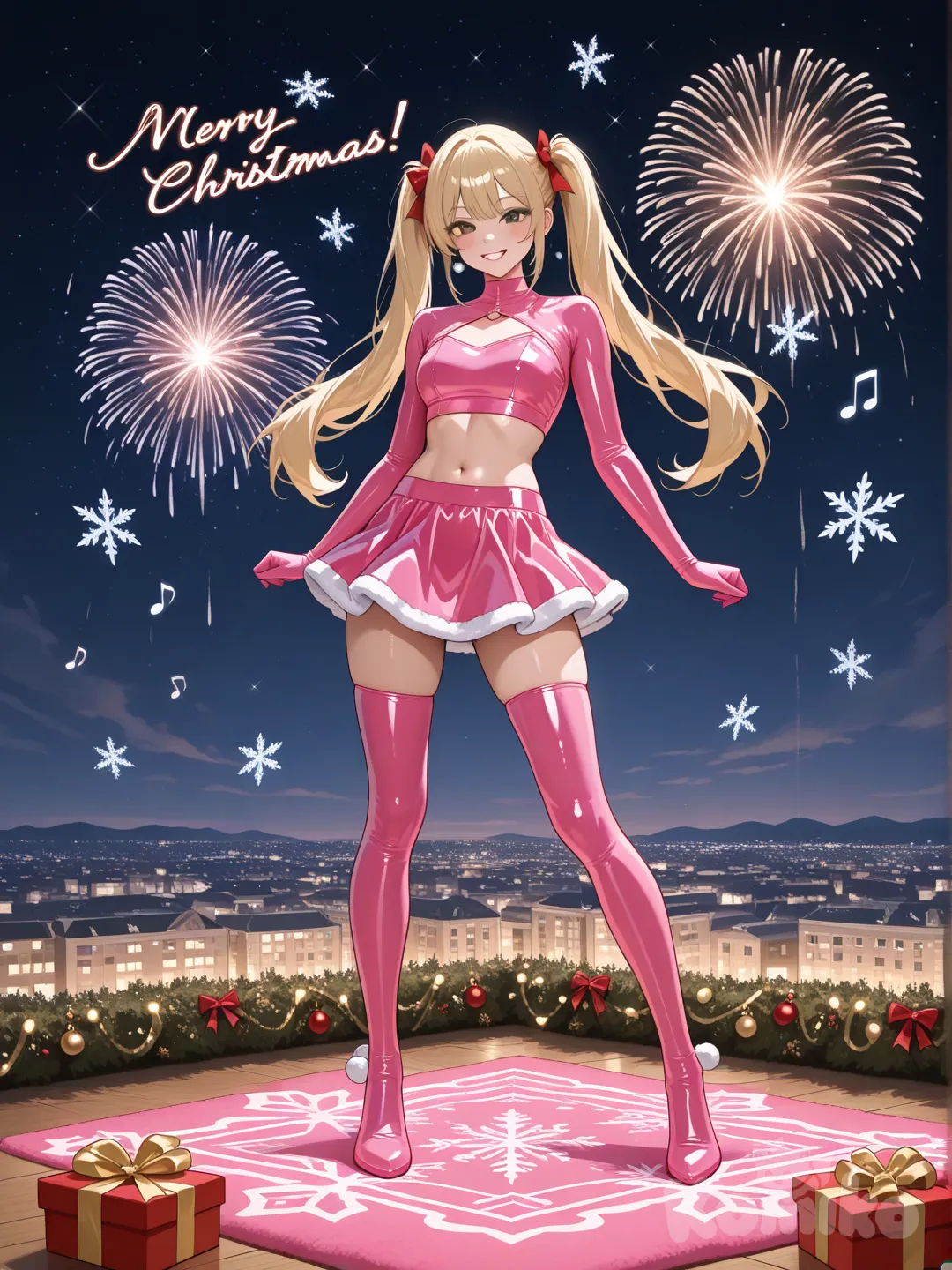 An ultra-photograph shows a full-length athletic young woman de 25 años, hermosa, con un cuerpo realista. with long, vibrant blonde hair in pigtails. Her brown eyes radiate confidence with a radiant smile She stands gracefully beside an elegant Christmas gift shop, wearing a stylish pink and black latex ensemble with a miniskirt and a charming bow in her hair. Set against a magical backdrop of colored lights and fireworks adorned with festive stars, snowflakes, and mistletoe, creating a playful and flirtatious atmosphere. The background is filled with a striking starry sky, adding depth and enchantment to the image. Festive decorations enhance the Christmas theme, transforming the scene into a captivating and unforgettable holiday memory. Su cabello luce liso y bien definido, con suaves notas musicales y el nombre "Luis Arcy" flotando suavemente alrededor de sus pies reflejando su pasión por la música y el arte.