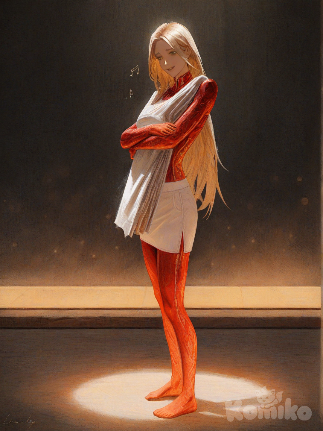 An ultra-detailed photograph shows a full-length, athletic, beautiful, and slender 25-year-old woman with a realistic body. capturing a stunning woman stand with super-long, straight blonde hair Her brown eyes radiate confidence with a radiant smile portraying a striking woman with flawlessly styled blonde, straight hair subtly highlighted, adorned in a pristine red, body-hugging latex suit and a white miniskirt, illuminated by the warm, amber glow of a dimly lit, smoky bar. At her feet, the elegant phrase "Luis Arcy" intertwines with swirling, delicate musical notes, forming a captivating and nostalgic artistic tableau, while the blurred background hints at a lively atmosphere with soft, glowing light fixtures and polished mahogany surfaces. The scene exudes an intimate mystery and timeless elegance, bathed in a rich, warm color palette that envelops the subject in a comforting embrace. This image presents a unique and stunning composition, creating a captivating visual narrative.El fondo realza la silueta de la mujer. Su cabello luce liso y bien definido, con suaves notas musicales y el nombre "Luis Arcy" flotando suavemente alrededor de ella.