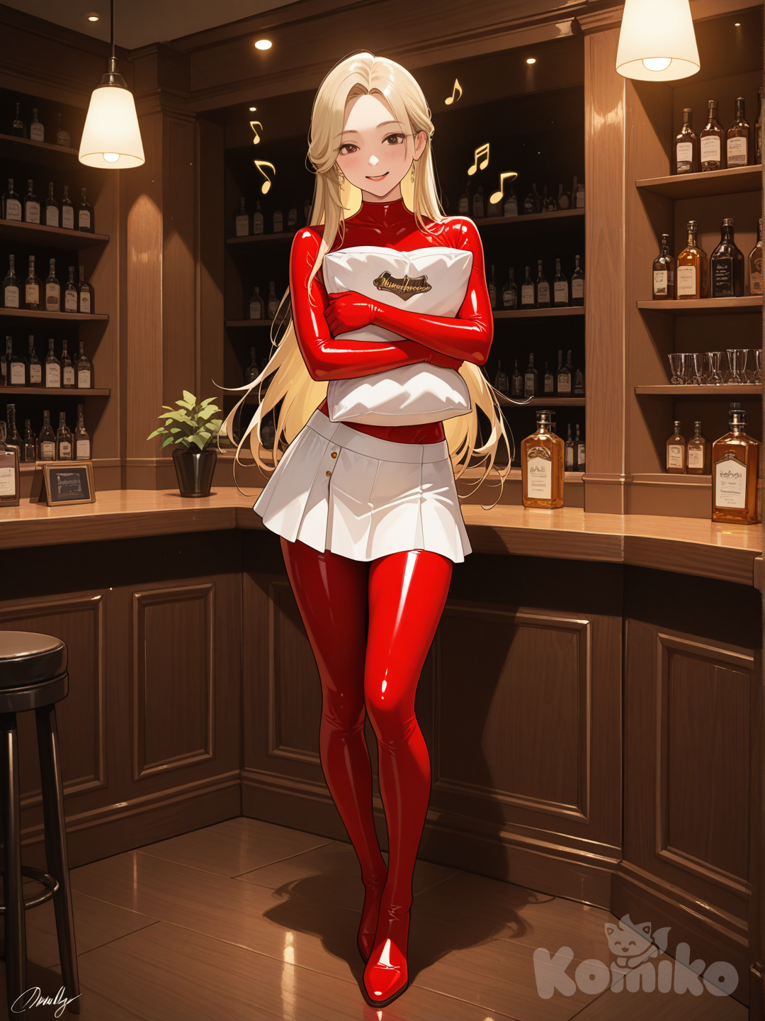 An ultra-detailed photograph shows a full-length, athletic, beautiful, and slender 25-year-old woman with a realistic body. capturing a stunning woman stand with super-long, straight blonde hair Her brown eyes radiate confidence with a radiant smile portraying a striking woman with flawlessly styled blonde, straight hair subtly highlighted, adorned in a pristine red, body-hugging latex suit and a white miniskirt, illuminated by the warm, amber glow of a dimly lit, smoky bar. At her feet, the elegant phrase "Luis Arcy" intertwines with swirling, delicate musical notes, forming a captivating and nostalgic artistic tableau, while the blurred background hints at a lively atmosphere with soft, glowing light fixtures and polished mahogany surfaces. The scene exudes an intimate mystery and timeless elegance, bathed in a rich, warm color palette that envelops the subject in a comforting embrace. This image presents a unique and stunning composition, creating a captivating visual narrative.El fondo realza la silueta de la mujer. Su cabello luce liso y bien definido, con suaves notas musicales y el nombre "Luis Arcy" flotando suavemente alrededor de ella.