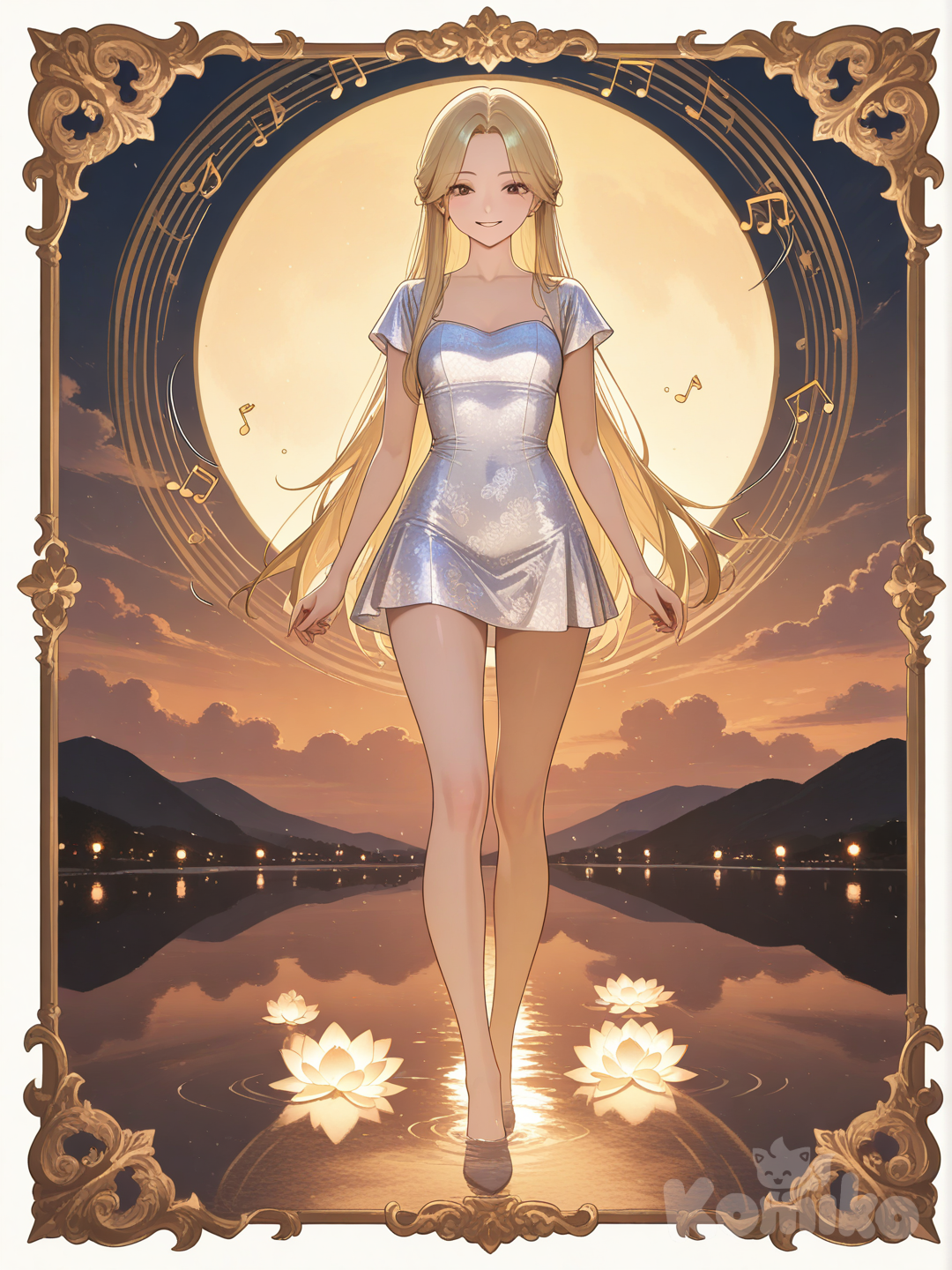 An ultra-detailed photograph shows a full-length, athletic, beautiful, and slender 25-year-old woman with a realistic body. capturing a stunning woman stand with super-long, straight blonde hair Her brown eyes radiate confidence with a radiant smile standing by a serene lake at golden hour. She wears an exquisitely detailed silk mini dress adorned with phoenix and cloud motifs, her figure elegantly framed by blooming lotus flowers and soft bokeh reflections. The warm, high-contrast light highlights the intricate details of her attire and surroundings Su cabello luce liso y bien definido, con suaves notas musicales y el nombre "Luis Arcy" flotando suavemente alrededor de sus pies reflejando su pasión por la música y el arte.