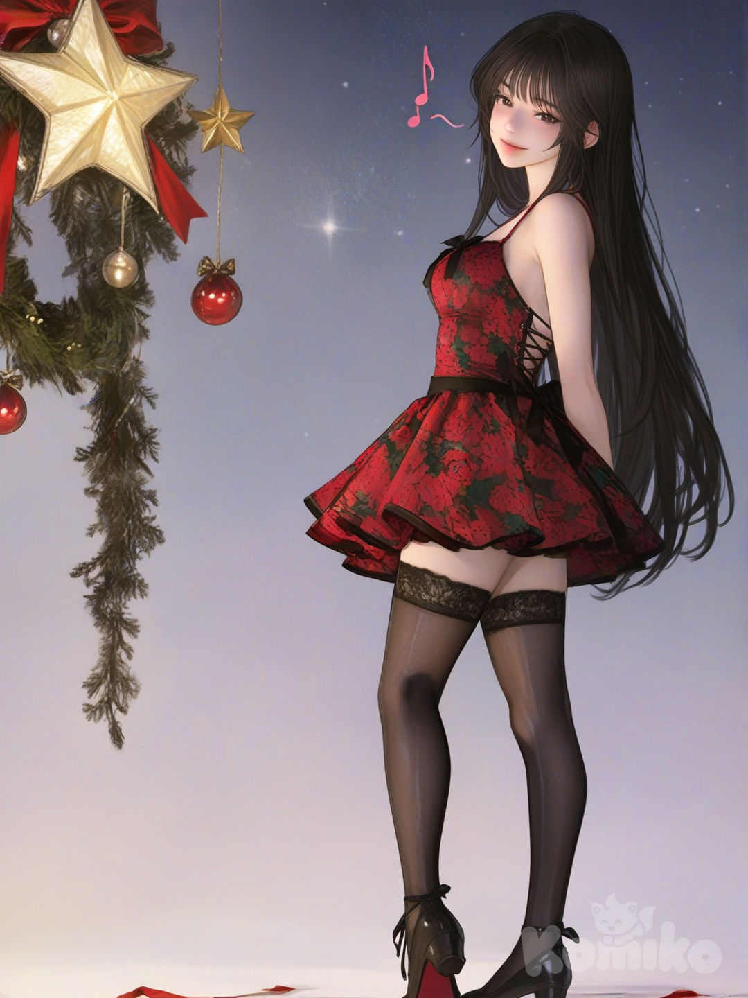 An ultra-detailed photograph shows a full-length, athletic, beautiful, and slender 25-year-old woman with a realistic body. capturing a stunning woman stand with super-long, straight black hair Her brown eyes radiate confidence with a radiant smile she is wearing an elegant black mini dress with a sweetheart neckline and a lace-up back. The mini dress has a high-low hemline with a red and black pattern. The woman is wearing stockings that cover her entire leg, made of transparent lace with delicate floral details. he background is filled with a striking starry sky, adding depth and enchantment to the image. Festive decorations enhance the Christmas theme, transforming the scene into a captivating and unforgettable holiday memory. Su cabello luce liso y bien definido, con suaves notas musicales y el nombre "Luis Arcy" flotando suavemente alrededor de sus pies reflejando su pasión por la música y el arte. Su cabello luce liso y bien definido, con suaves notas musicales y el nombre "Luis Arcy" flotando suavemente alrededor de sus pies reflejando su pasión por la música y el arte.