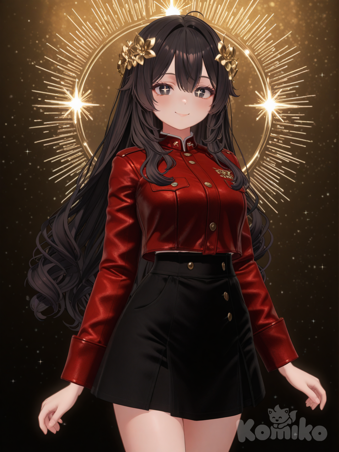 "A photograph in the style of Alphonse Mucha, depicting an 18-year-old woman with a warm, inviting smile and bright black eyes, her dark hair flowing gracefully over her shoulders, facing directly forward. She is elegantly attired in a sleek red jacket subtly adorned with "Luis Arcy" embroidered in shimmering gold lettering across the chest, paired with a stylish miniskirt, set against a trendy dark fantasy landscape brimming with intricately detailed gold flowers and scattered twinkling stars. Bathed in a soft, golden light, the scene evokes an ethereal atmosphere, enhanced by a gentle haze that softens the edges and casts subtle shadows, highlighting her poised posture and graceful features, creating a captivating and stunning composition."