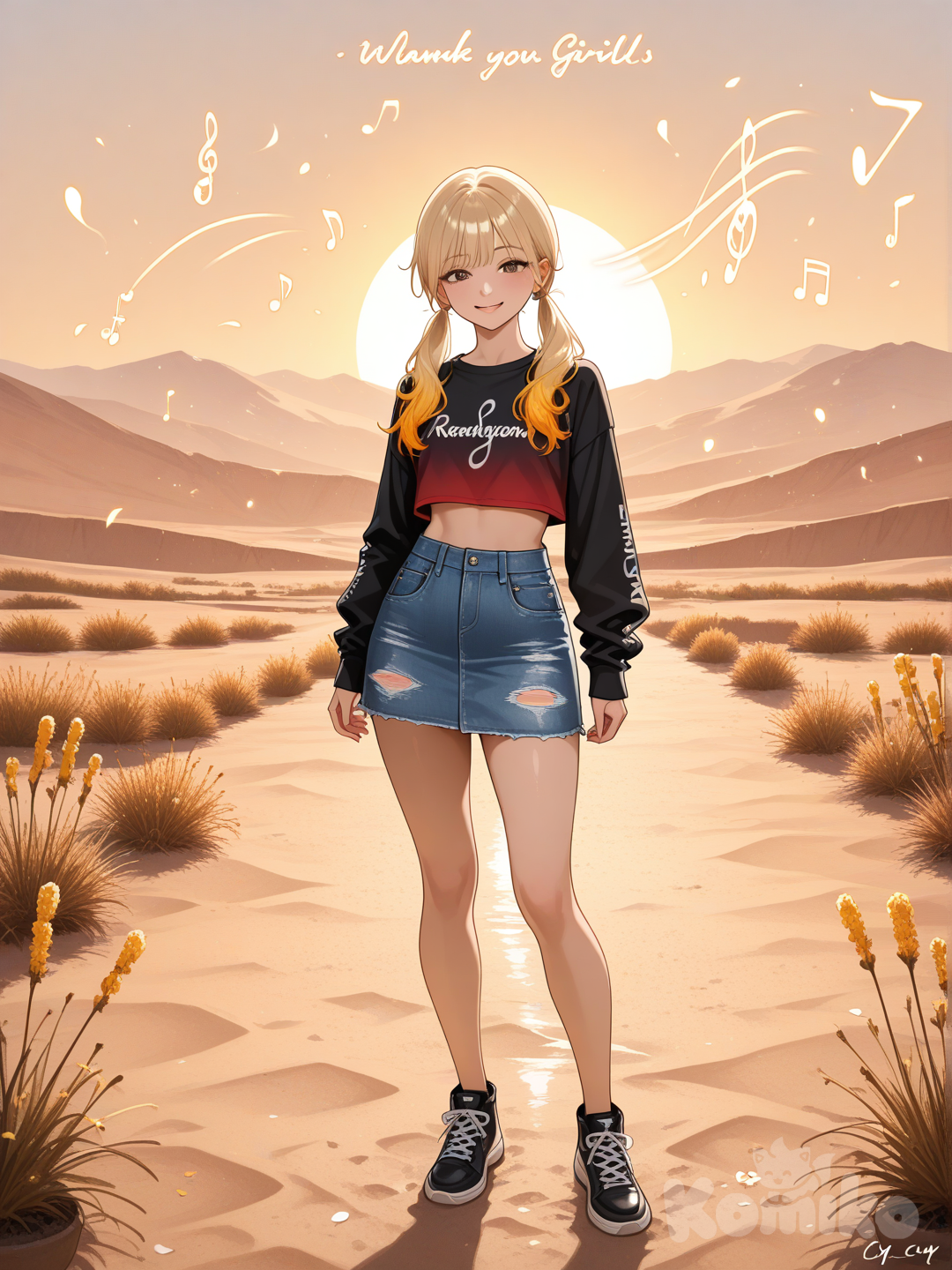 An ultra-detailed photograph shows a full-length athletic young woman de 25 años, hermosa, con un cuerpo realista. with long, vibrant blonde hair in pigtails. Her brown eyes radiate confidence with a radiant smile stands confidently in a sun-drenched desert landscape, She wears a ripped red and black white crop top displaying the phrase "Arcy's girl" and a faded, distressed jean miniskirt. The golden light of late afternoon bathes her in a soft, warm glow, emphasizing the textures of her clothing and the contours of her face. At her feet, Luis Arcy's signature and a vibrant rainbow-colored treble clef whimsically decorate the sandy ground, adding a playful touch to the serene, golden-hued scene. In the background, the desert sands stretch out, dotted with distant cacti and a scattering of wildflowers, their petals glowing in the warm light Su cabello luce liso y bien definido, con suaves notas musicales y el nombre "Luis Arcy" flotando suavemente alrededor de sus pies reflejando su pasión por la música y el arte.