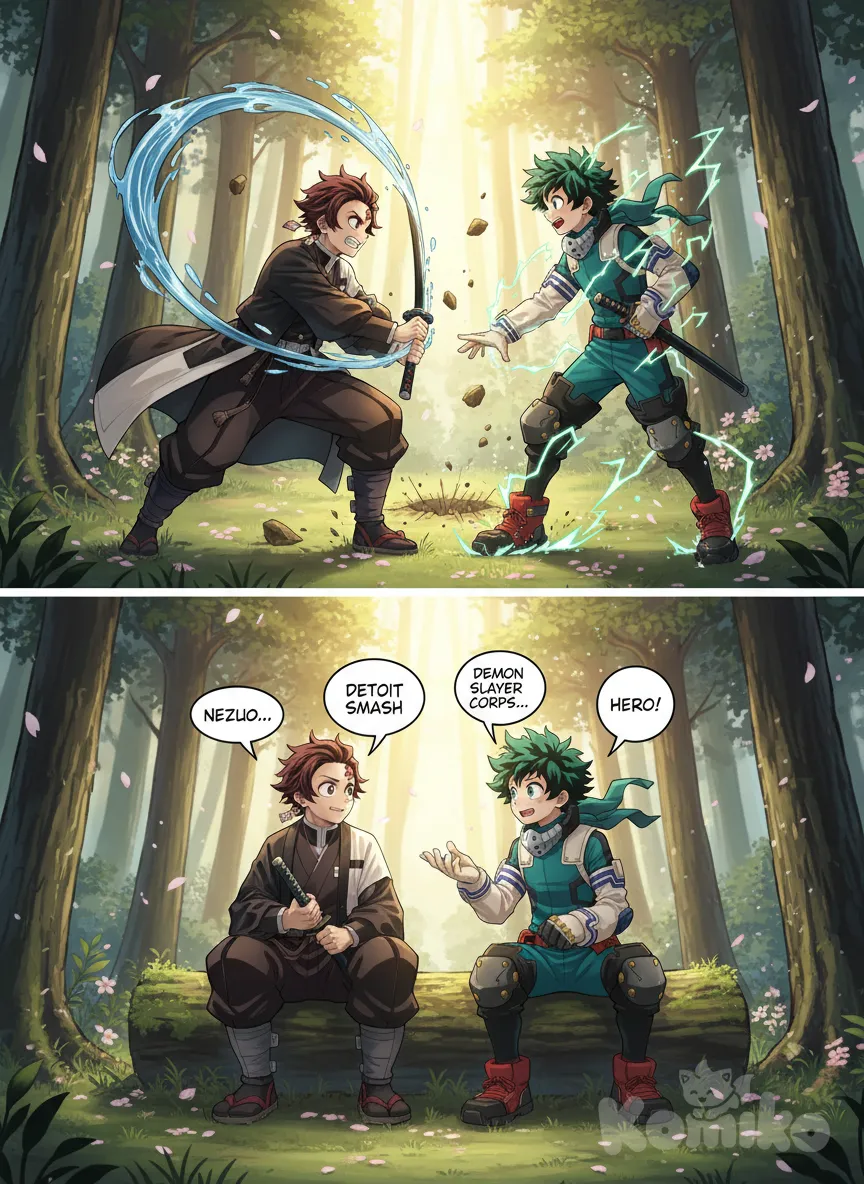 @Midoriya_Izuku vs , @Kamado_Tanjirou Their first meeting might involve a brief fight. Tanjiro, accustomed to fighting demons, might initially perceive Deku's superpower as a demonic ability. The fight would likely end when Tanjiro realizes Deku is not a demon—specifically, he wouldn't be hurt by sunlight, a key characteristic of demons in his world. After the misunderstanding is cleared, they would form a strong bond. They share core values of perseverance, kindness, and a strong sense of justice, making them natural allies. They would likely discuss their goals: Deku's desire to be a hero and Tanjiro's mission to turn his sister Nezuko back into a human and avenge his family. , anime style