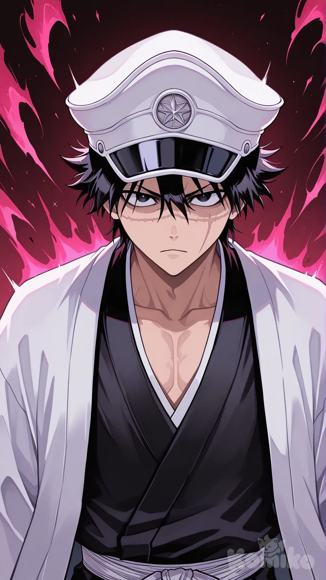 Lets make a bleach soul reaper first young head captain caption he looks sharp and deadly he has a messy black hair with a scar