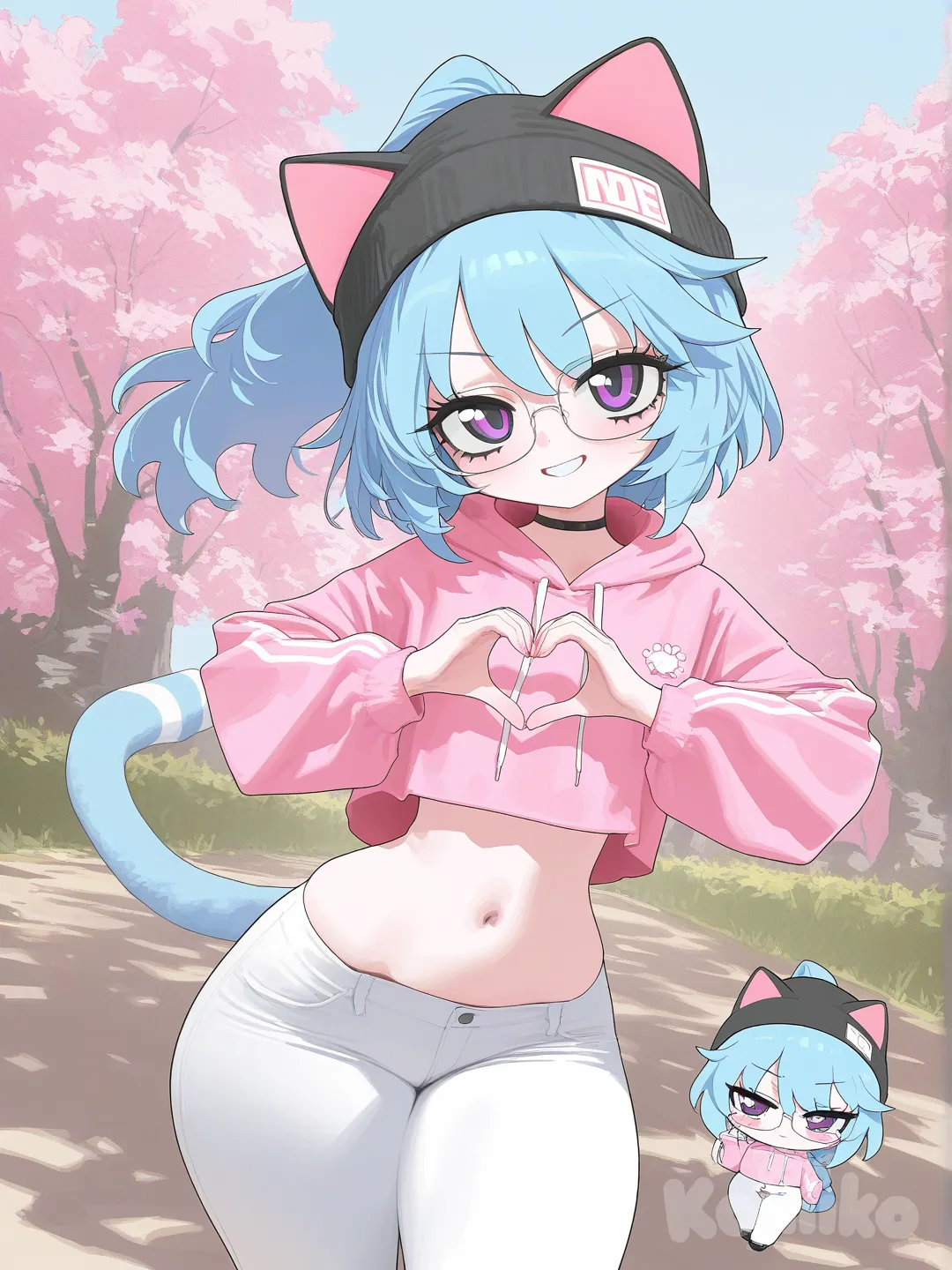 [vibrant-anime-style], @mochi-mFiA, smirk, blush, heart hands, hoodie, casual pants, high ponytail, looking at viewer, blue sky