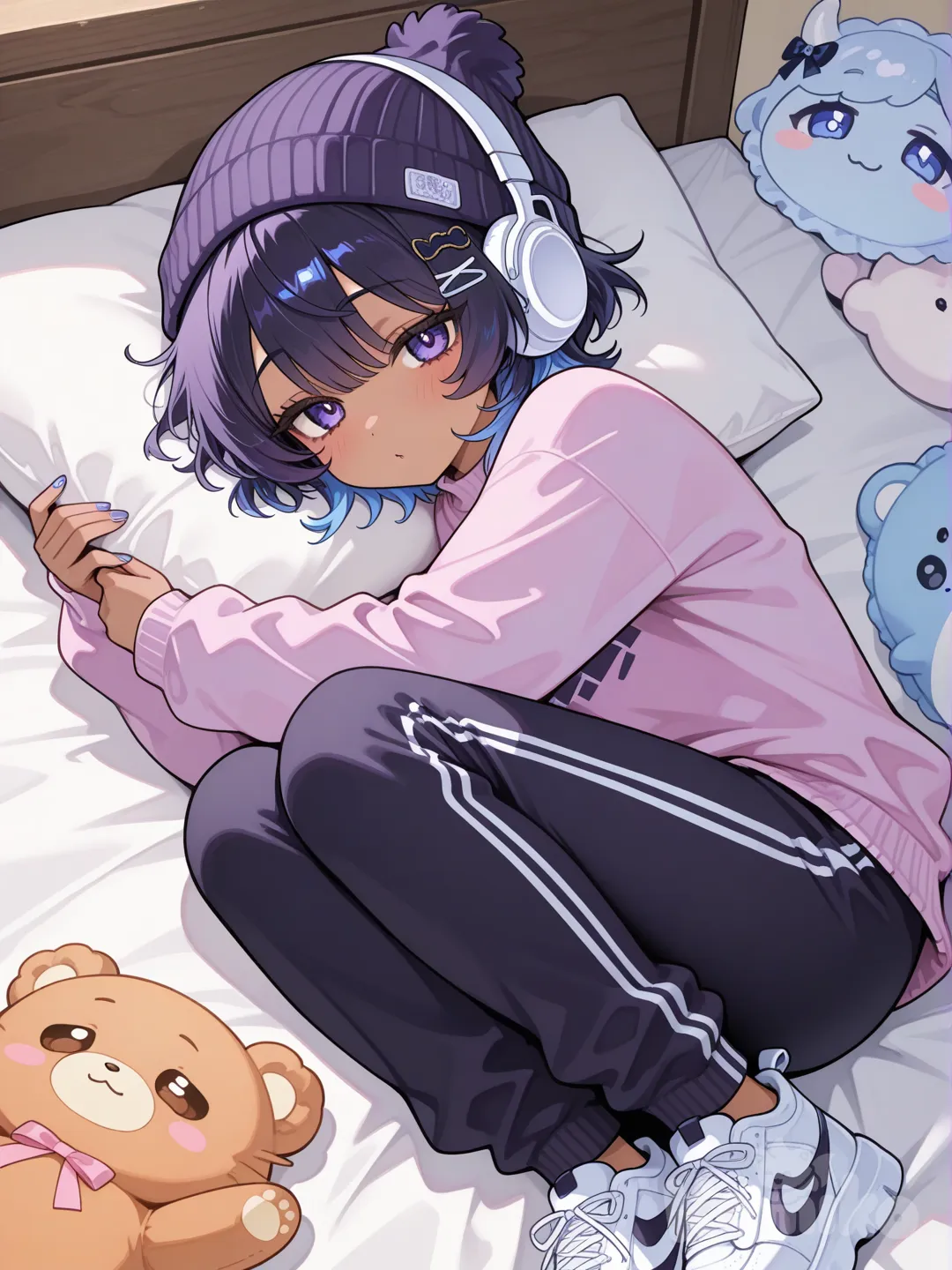 Genderfluid
Uses they/them pronouns
Has brown fluffy hair, dyed a soft blue.
Wears a dark purple beanie with white headphones.
Wears a pink sweater underneath a dark purple sweater
Wears tan sweatpants
Wears white shoes with black accents.
Wholesome little bean
Loves sweets
Loves affection, specifically cuddles.
cuddle with pillows and stuffed animals.
Likes listening to chill music, like lofi.
Big fan of the Lofi Girl livestreams.
Also loves to draw.
classify as a femboy.
 blue and pink nail polish.