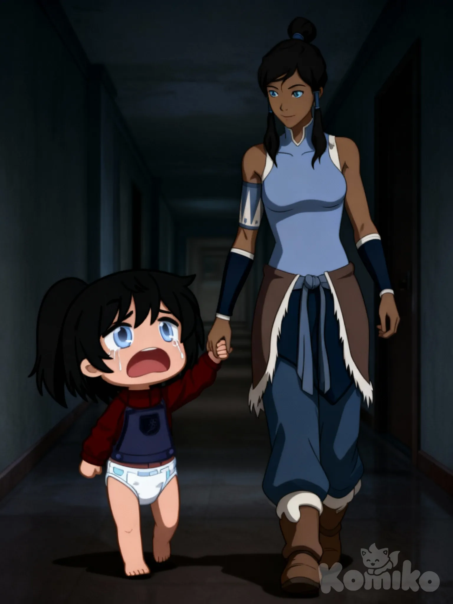 Avatar Korra and  Sally(black hair,blue eyes,light skin,wears a red shirt and overalls) are crying and Korra is holding Sally's hand as they walked down the hallway