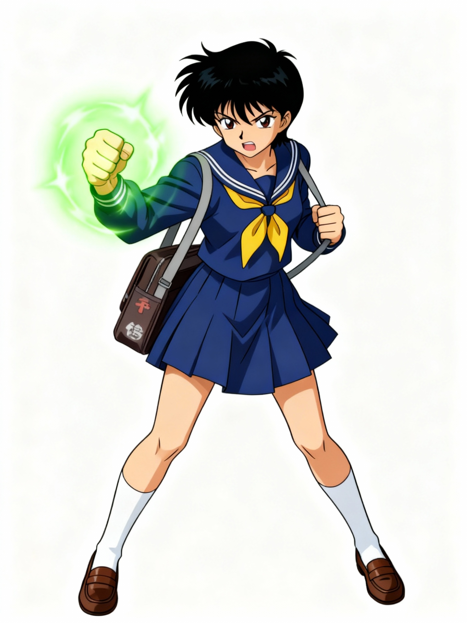 @ayuki-urameshi-fN0C wearing a blue serafuka, fist clenched with a green aura surrounding it, while the other hand is holding a japense school bag. She is angry and ready to fight