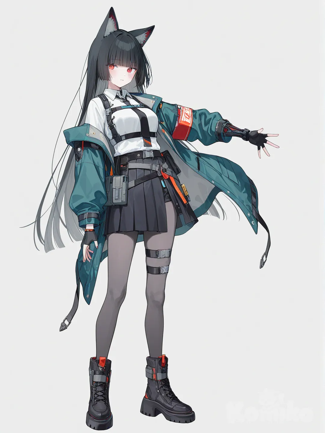 [soft-pastel-style] 1girl, hoshimi_miyabi_(zenless_zone_zero), long_hair, straight_hair, black_hair, blunt_bangs, red_eyes, wolf_ears, large_ears, grey_fur, light_fur, collared_shirt, white_shirt, black_necktie, jacket, teal_jacket, asymmetrical_jacket, off_shoulder, jacket_on_one_shoulder, red_armband, pleated_skirt, black_skirt, side_slit, skirt_slit, pantyhose, grey_pantyhose, sheer_legs, belt, tactical_belt, pouch, belt_buckle, mechanical_arm, cybernetic_arm, right_arm, black_grey_mech, yellow_accents, fingerless_gloves, midcalf_boots, black_boots, boot_straps, slim, fair_skin, single_character, full_body, looking_at_viewer, anime_style, simple_background, white_background