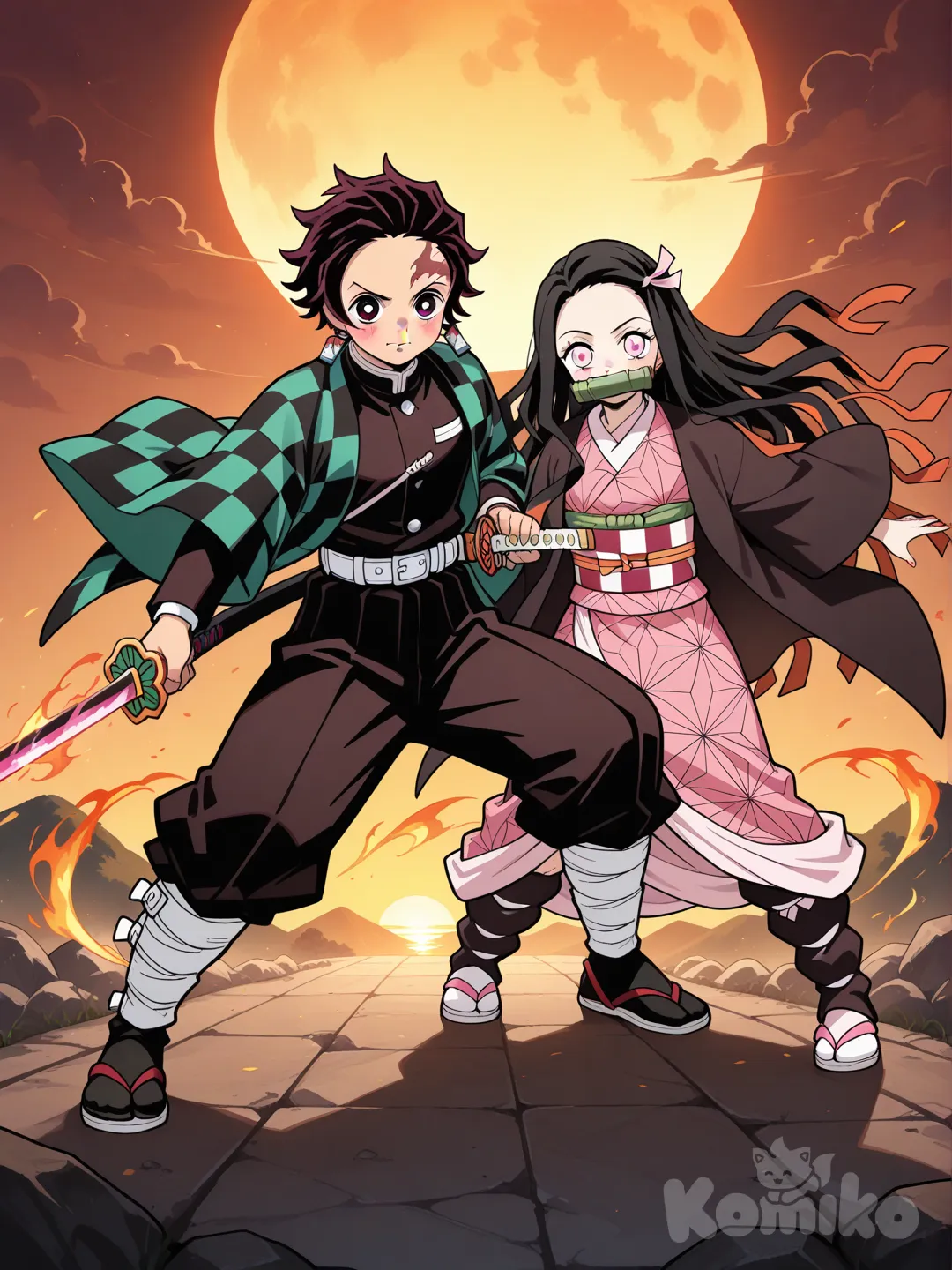 @Kamado_Tanjirou, full body, glowing sword, sunset, demon slayer uniform, kamado nezuko