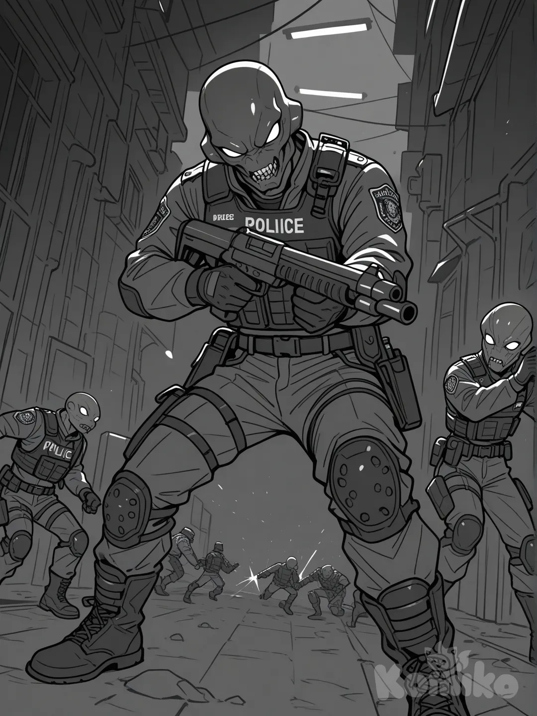 una imagen de tiroteo en blanco y negro donde alla policias y extraterrestres , en blanco y negro sin grises como para pintar