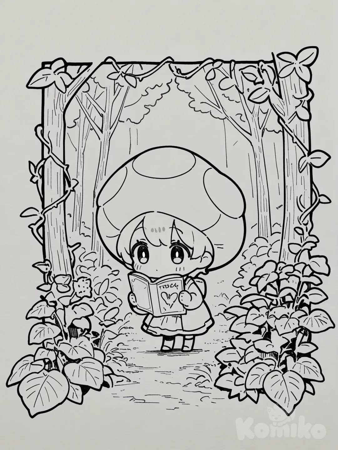 un sapo en el bosque , tipo kawaii tierno , entre la espesura del boque , en blanco y negro como para pintar sin grises ni gris