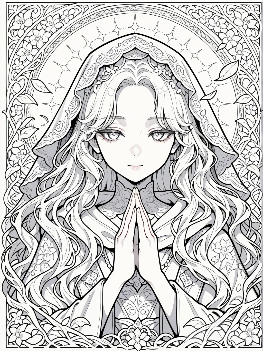Ilustración en blanco y negro estilo libro para colorear para adultos.
Retrato femenino místico y etéreo, con rostro parcialmente oculto o suavemente difuminado, rasgos delicados y expresión serena.
Cabello largo y fluido con abundantes detalles, mechones ondulados y movimiento natural.
Velo o capucha decorada con flores y patrones orgánicos.
Manos elegantes y estilizadas, dedos finos con pose delicada.
Elementos naturales como hojas flotando alrededor para dar sensación de calma y fantasía.
Line art limpio y preciso, trazos finos y definidos, alto nivel de detalle.
Sin sombras, sin grises, sin color, solo contornos negros sobre fondo blanco.
Estilo ilustración artística, fantasy suave, ideal para imprimir y colorear.
Composición centrada, armoniosa y equilibrada. siempre diferente al anterior
