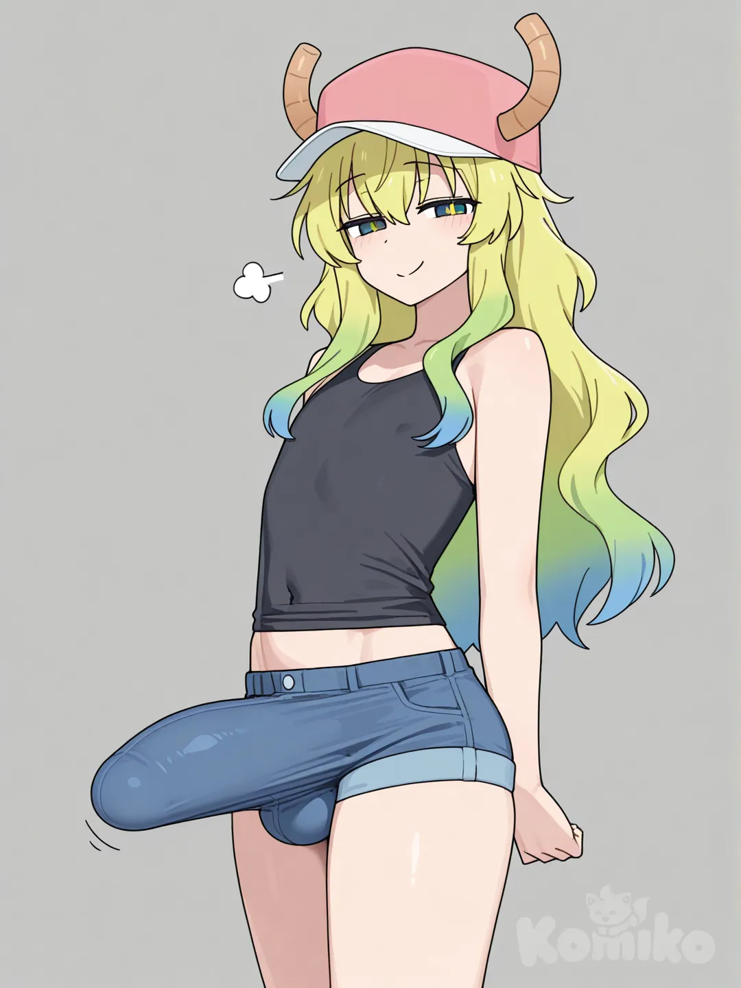 lucoa (maidragon), genderswap (ftm), rule63, solo, male focus, hyper bulge, bulge, small but hung, short shorts, black tank top, femboy, gigantic bulge, bulge the size of head, bulge focus, baseball cap, small but hung, smug, no breasts, [toon-shaded-style], bulge straining short shorts