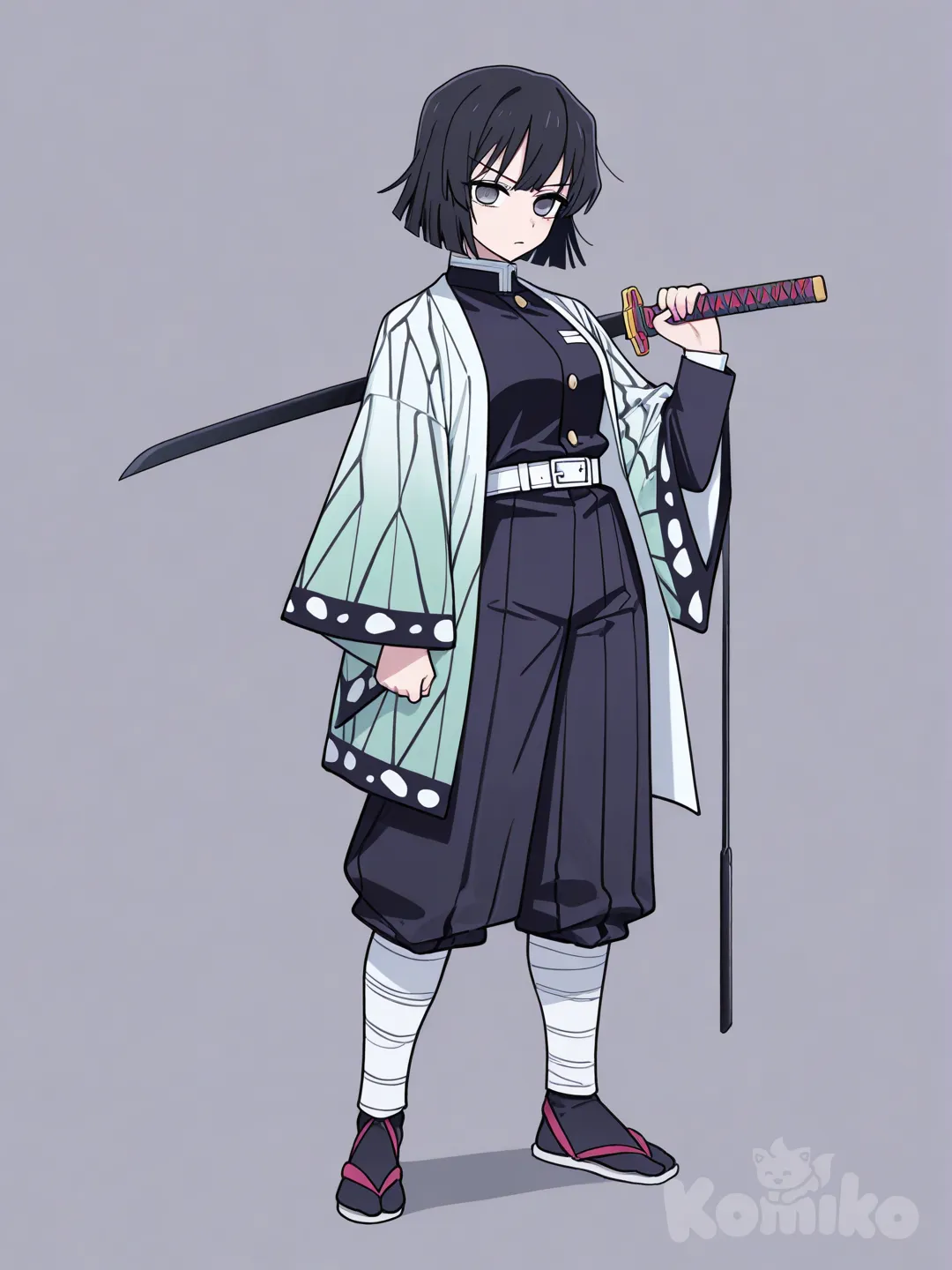 Pelo negro ojos grises uniforme de cazador de demonios haori de estrellas , katana de látigo
, [toon-shaded-style] adolecerte mujer, full body